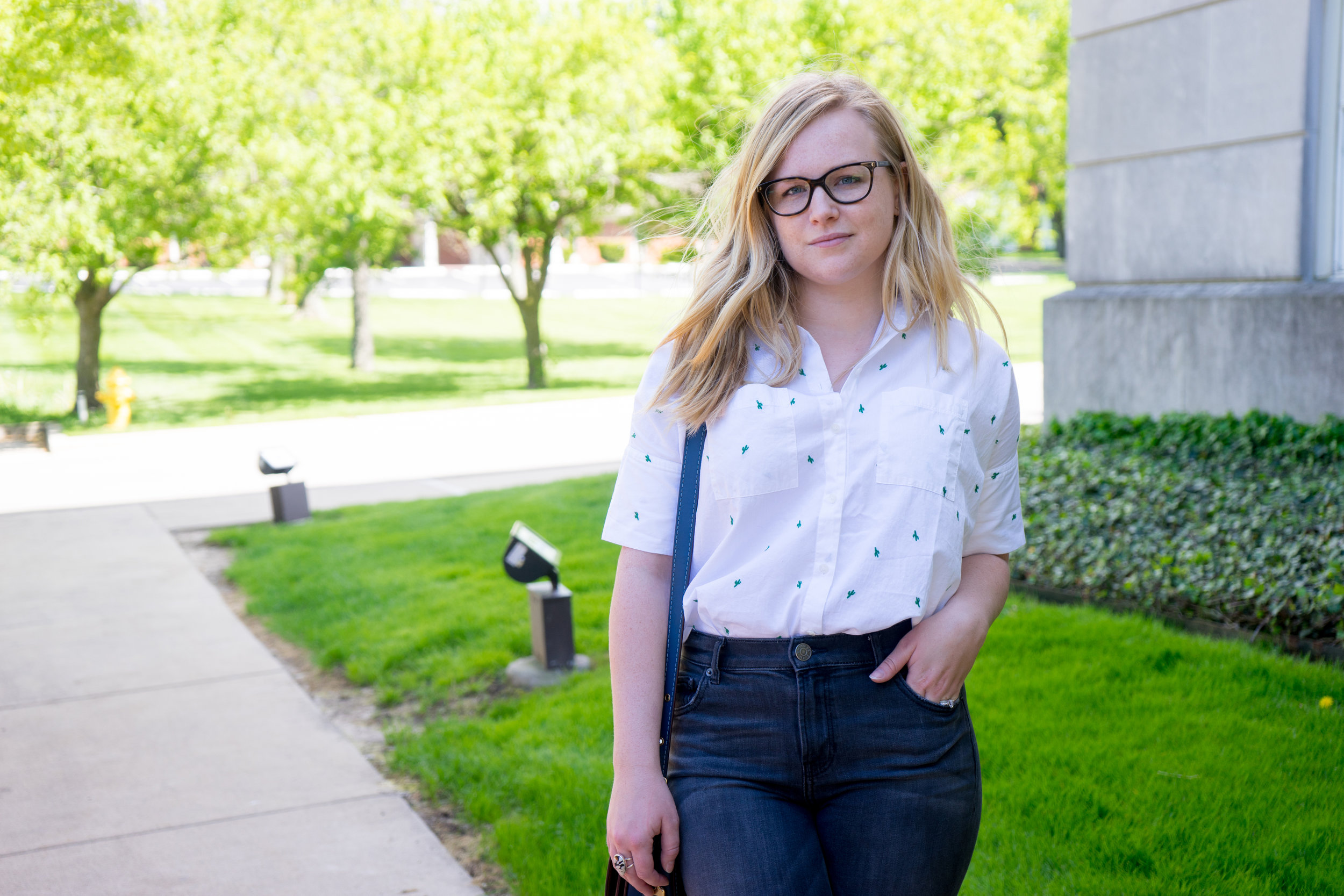 Maggie a la Mode - Madewell Cactus Embroidered Courier Shirt, Aquatalia Harlow Monk Strap Loafers, Coach Saddle 23 Saddlebag, Express Distressed High Waisted Release Hem Ankle Jean Legging