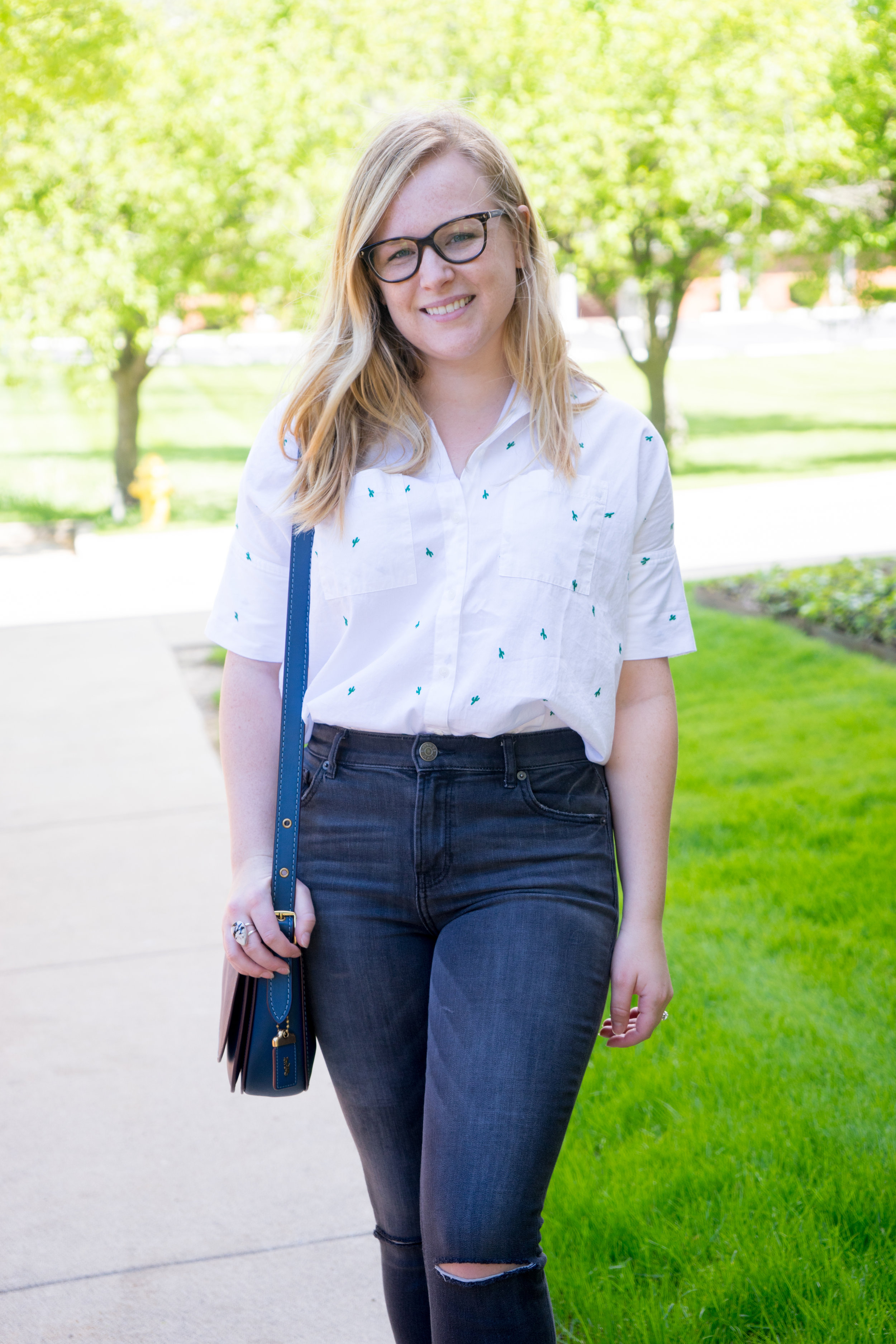 Maggie a la Mode - Madewell Cactus Embroidered Courier Shirt, Aquatalia Harlow Monk Strap Loafers, Coach Saddle 23 Saddlebag, Express Distressed High Waisted Release Hem Ankle Jean Legging