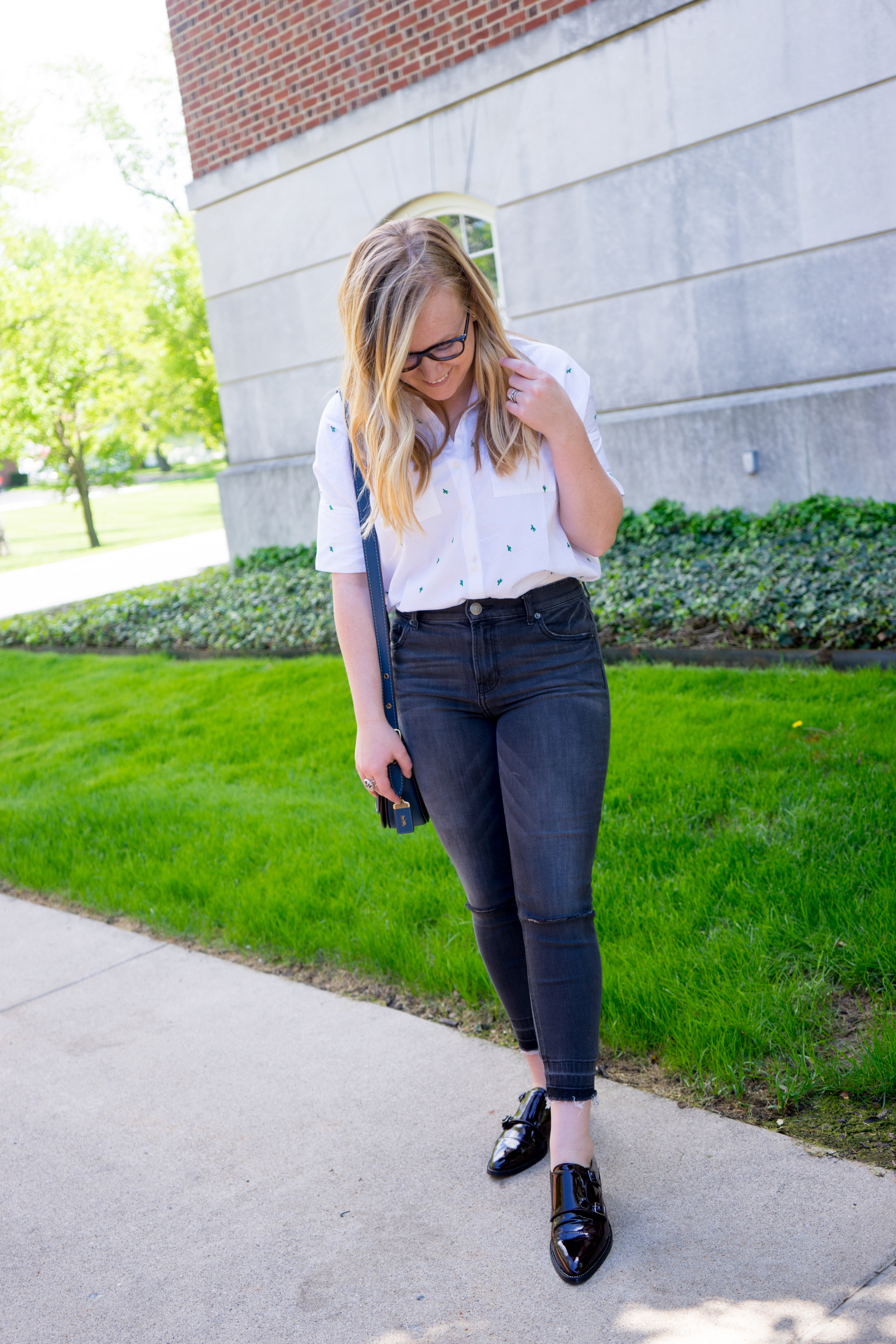 Maggie a la Mode - Madewell Cactus Embroidered Courier Shirt, Aquatalia Harlow Monk Strap Loafers, Coach Saddle 23 Saddlebag, Express Distressed High Waisted Release Hem Ankle Jean Legging