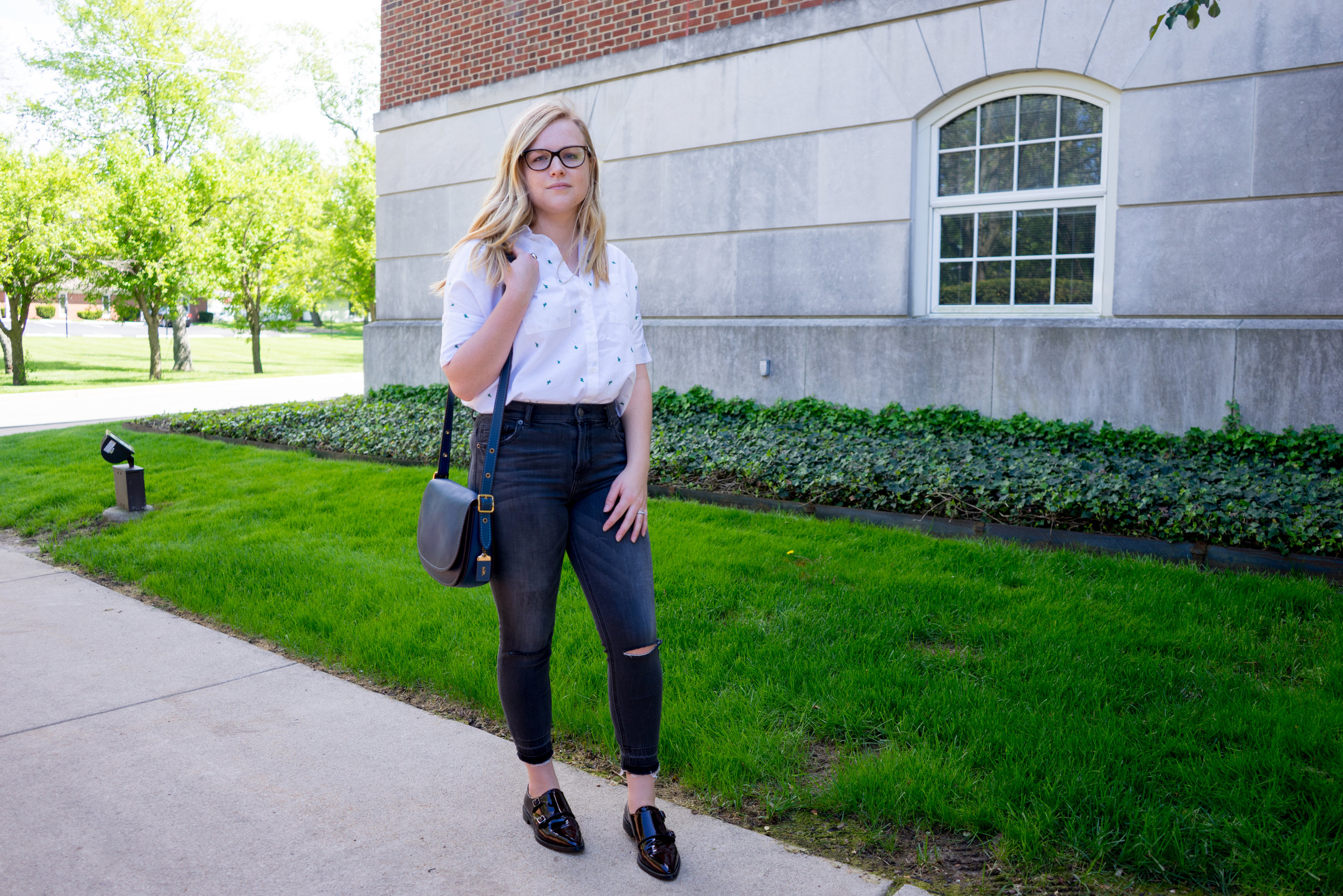 Maggie a la Mode - Madewell Cactus Embroidered Courier Shirt, Aquatalia Harlow Monk Strap Loafers, Coach Saddle 23 Saddlebag, Express Distressed High Waisted Release Hem Ankle Jean Legging