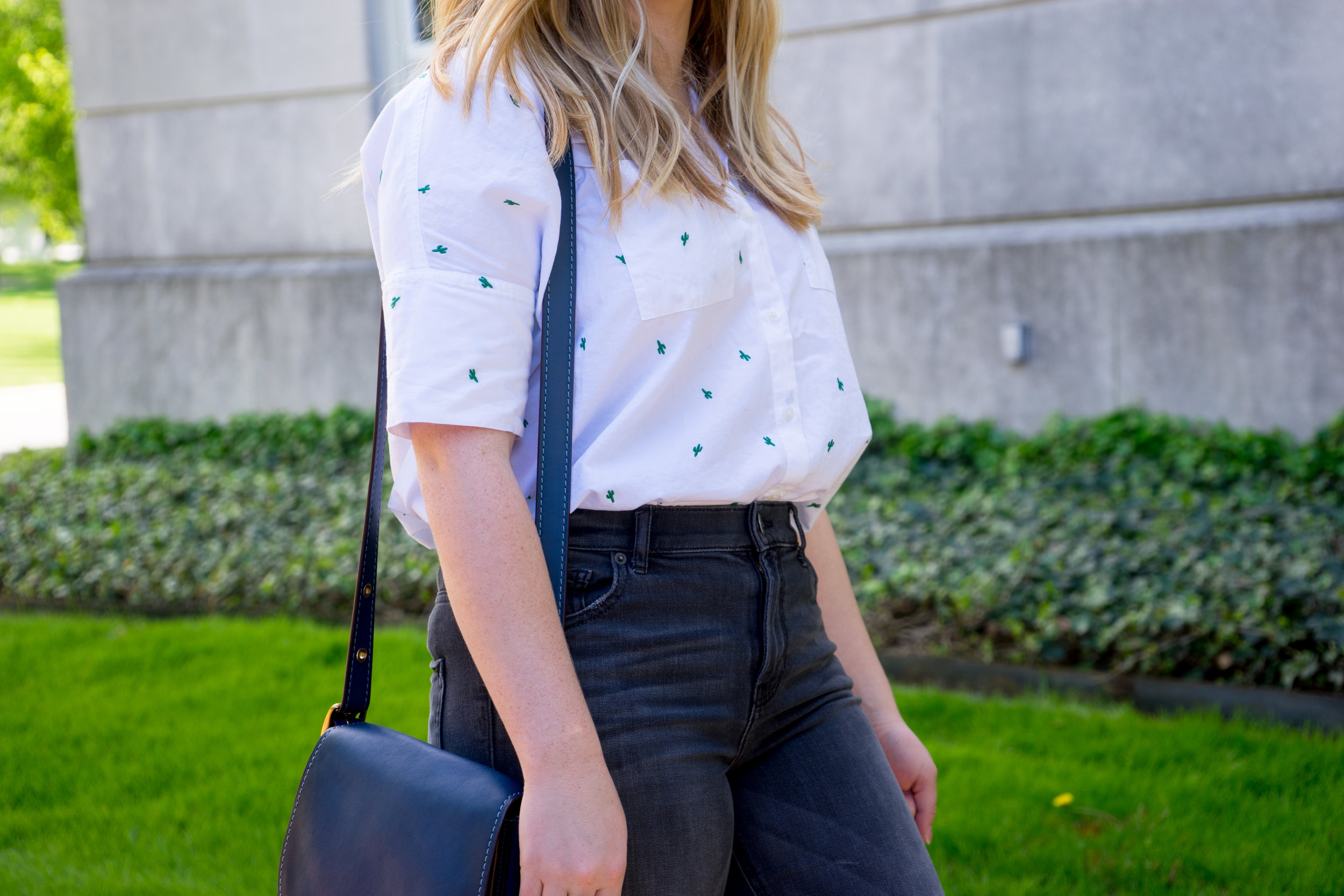 Maggie a la Mode - Madewell Cactus Embroidered Courier Shirt, Aquatalia Harlow Monk Strap Loafers, Coach Saddle 23 Saddlebag, Express Distressed High Waisted Release Hem Ankle Jean Legging