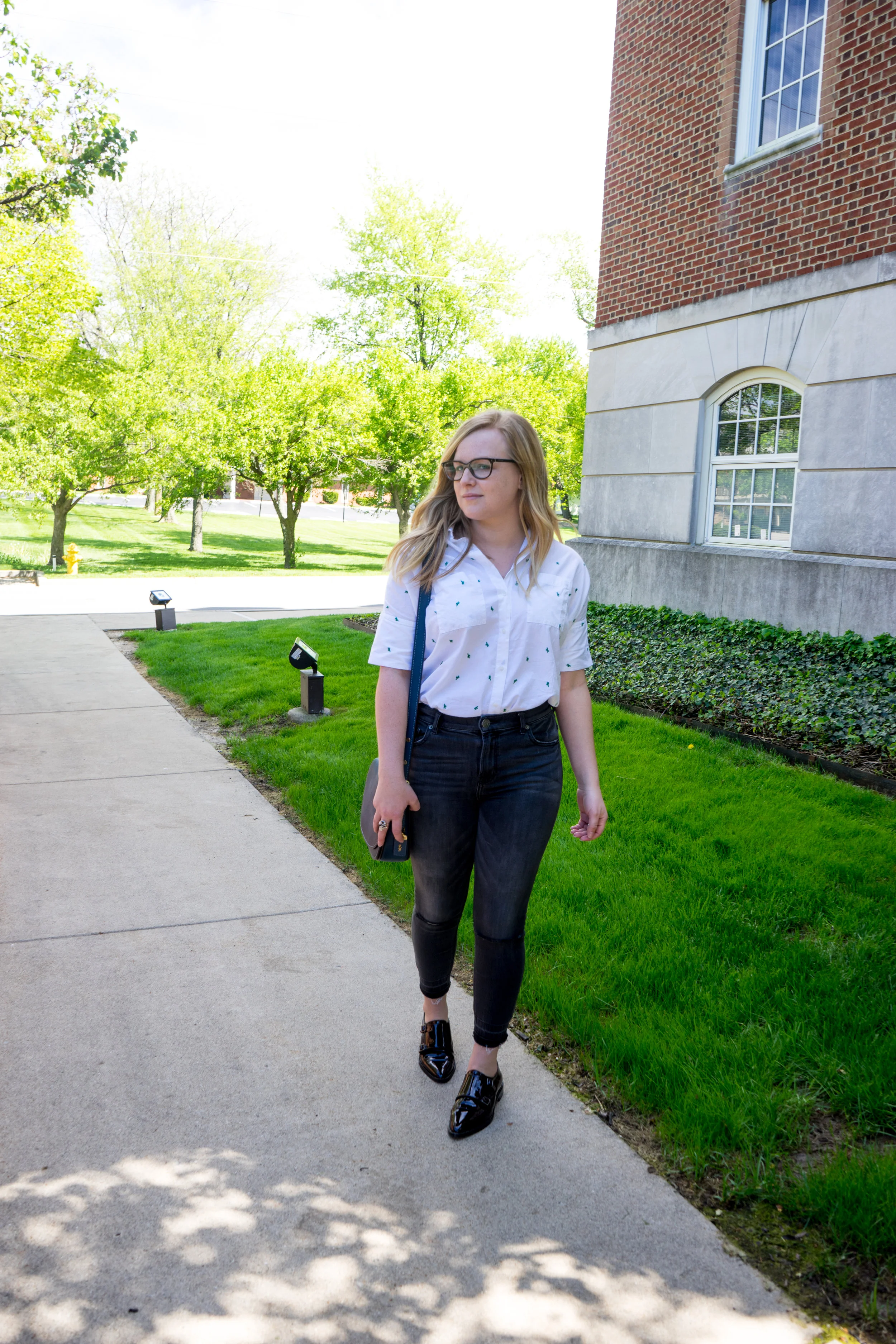 Maggie a la Mode - Madewell Cactus Embroidered Courier Shirt, Aquatalia Harlow Monk Strap Loafers, Coach Saddle 23 Saddlebag, Express Distressed High Waisted Release Hem Ankle Jean Legging