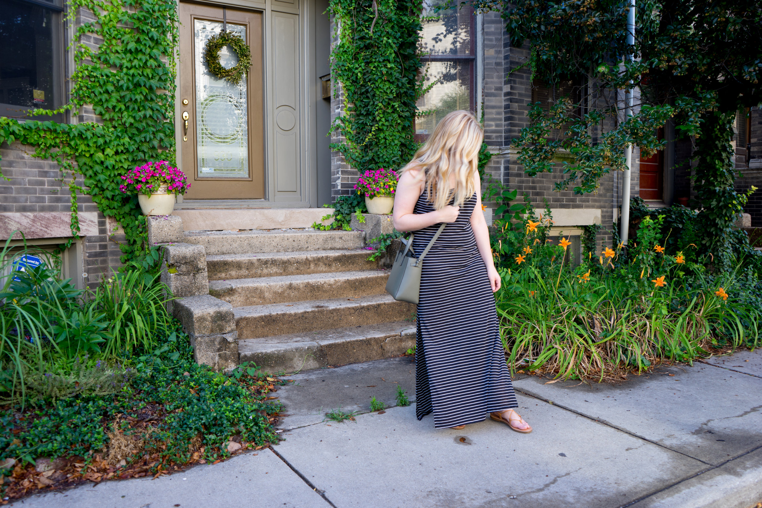 Maggie a la Mode - Ripcurl Surf Stripe Maxi Dress, Madewell Boardwalk Lace-Up Gladiator Sandals, Vince Signature Baby Leather East-West Tote