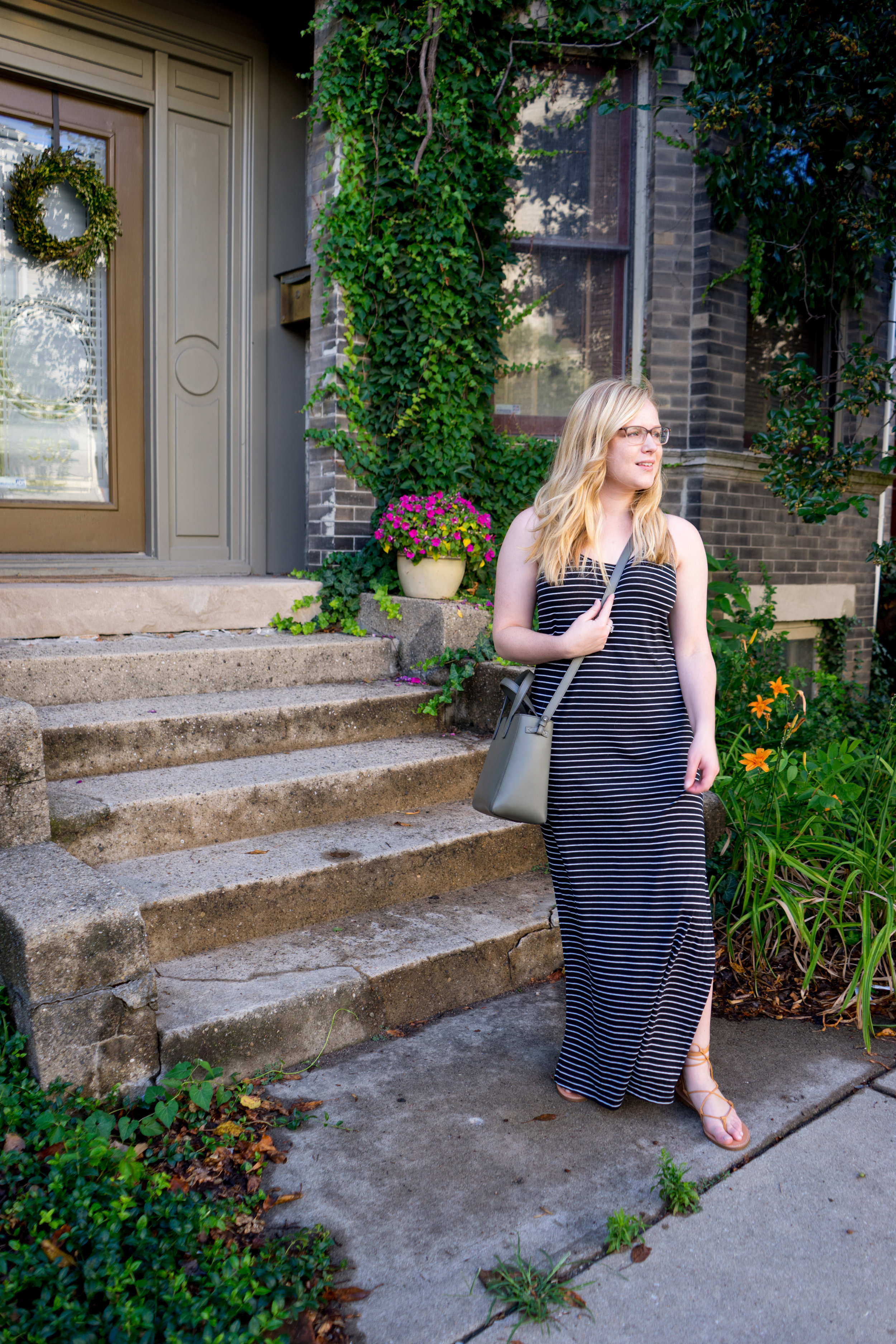 Maggie a la Mode - Ripcurl Surf Stripe Maxi Dress, Madewell Boardwalk Lace-Up Gladiator Sandals, Vince Signature Baby Leather East-West Tote