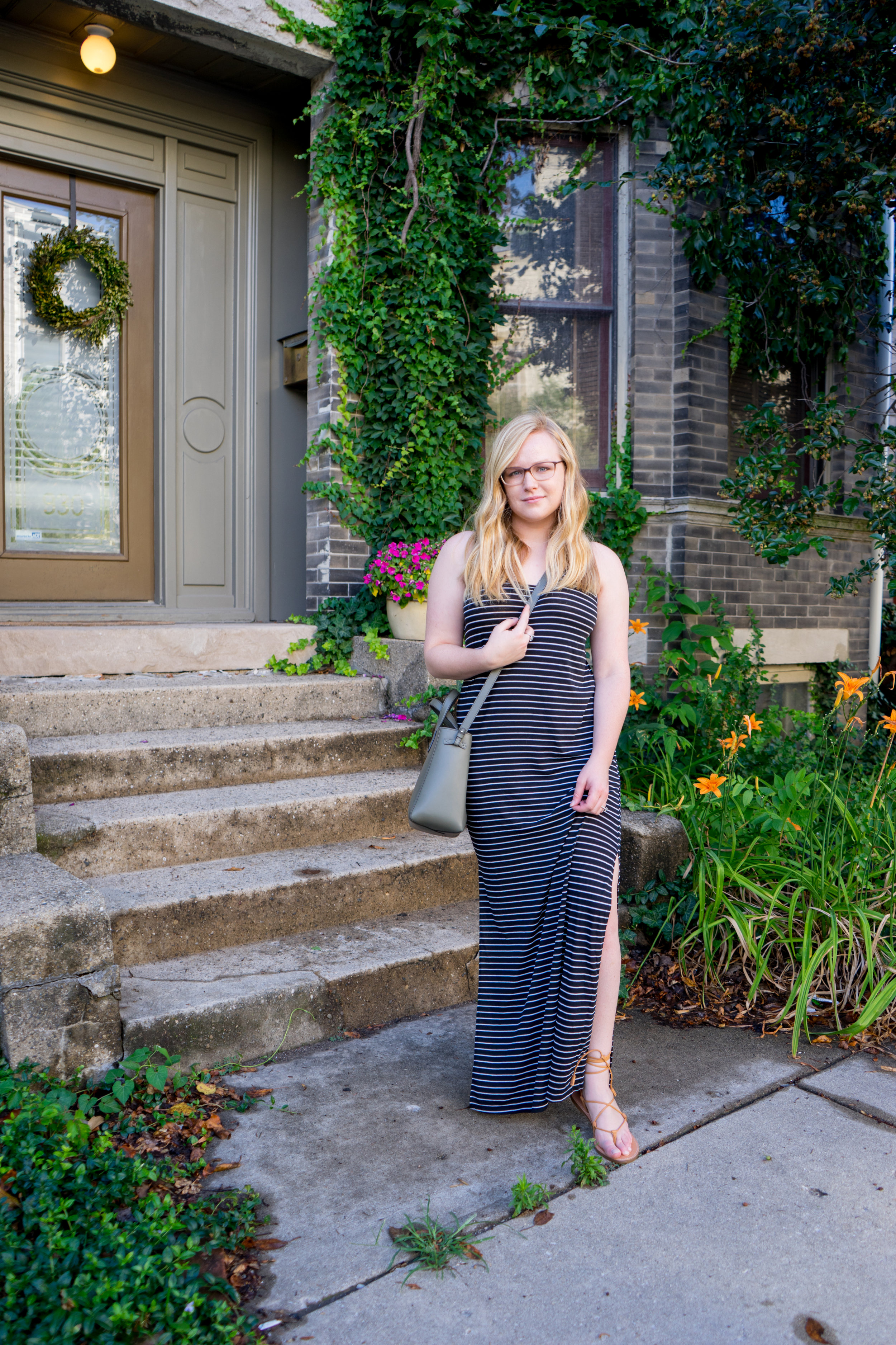 Maggie a la Mode - Ripcurl Surf Stripe Maxi Dress, Madewell Boardwalk Lace-Up Gladiator Sandals, Vince Signature Baby Leather East-West Tote