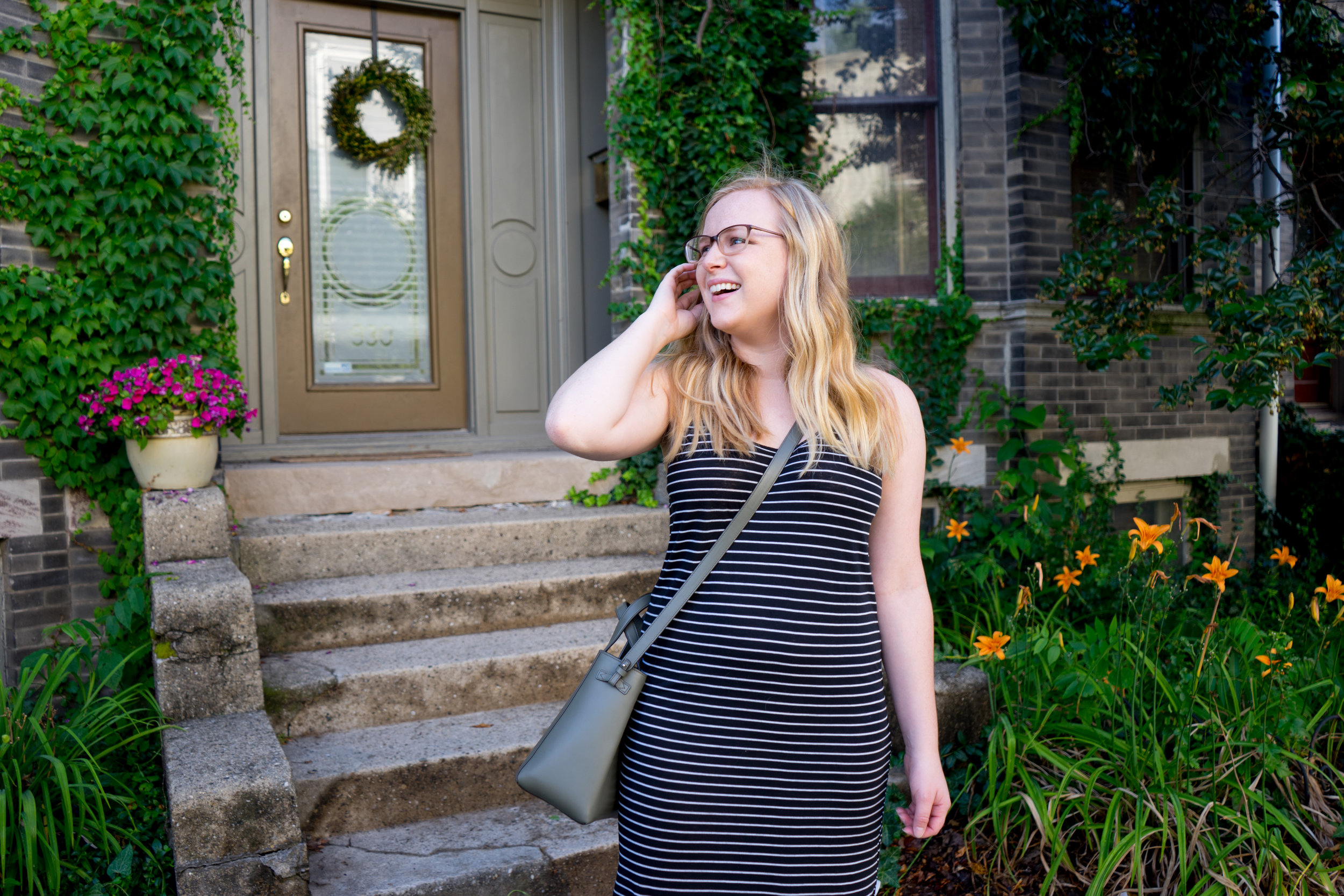 Maggie a la Mode - Ripcurl Surf Stripe Maxi Dress, Madewell Boardwalk Lace-Up Gladiator Sandals, Vince Signature Baby Leather East-West Tote