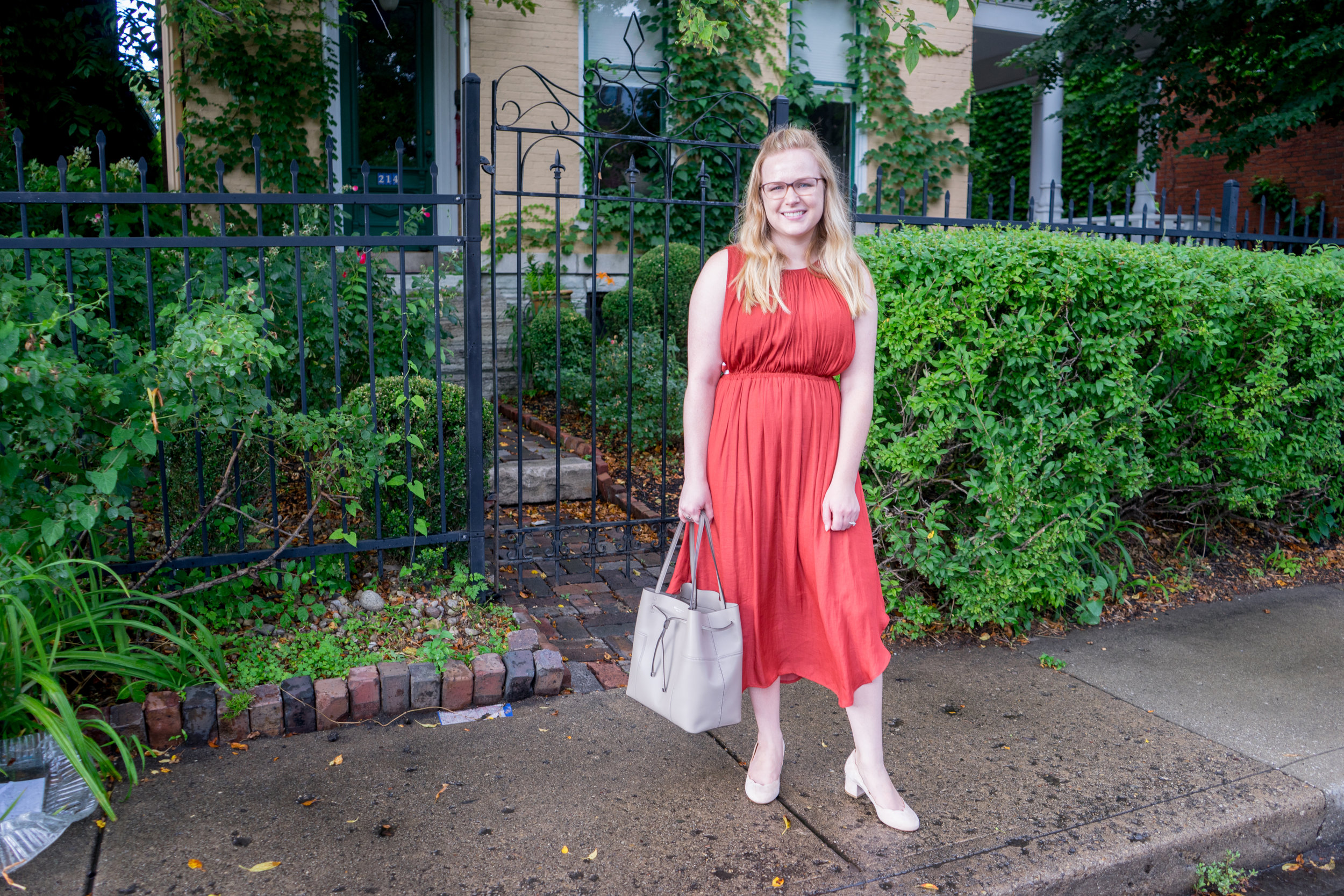 MAGGIE A LA MODE - ANTHROPOLOGIE DOLAN LEFT COAST COSTA MIDI DRESS, SEZANE PALERMO HEELS, TORY BURCH BLOCK-T BUCKET BAG