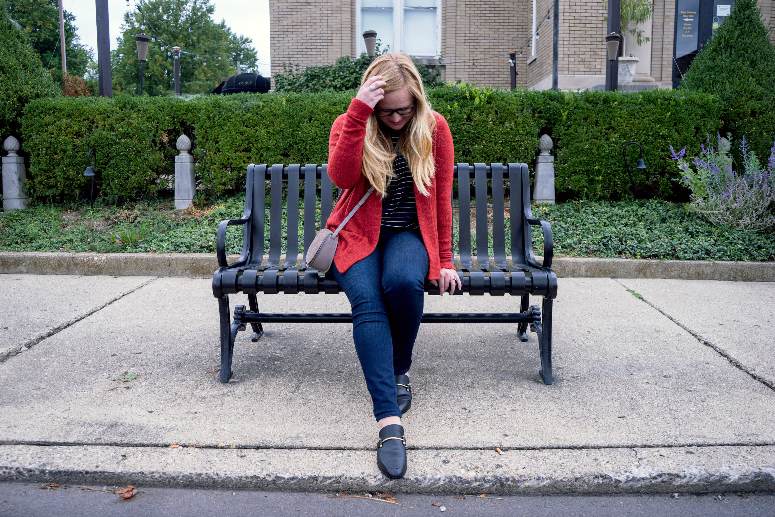 Maggie a la Mode - Ann Taylor LOFT Shirttail Open Cardigan Clay Fire, Cuyana Mini Saddle Bag, Steve Madden Laaura Loafer-7.jpg