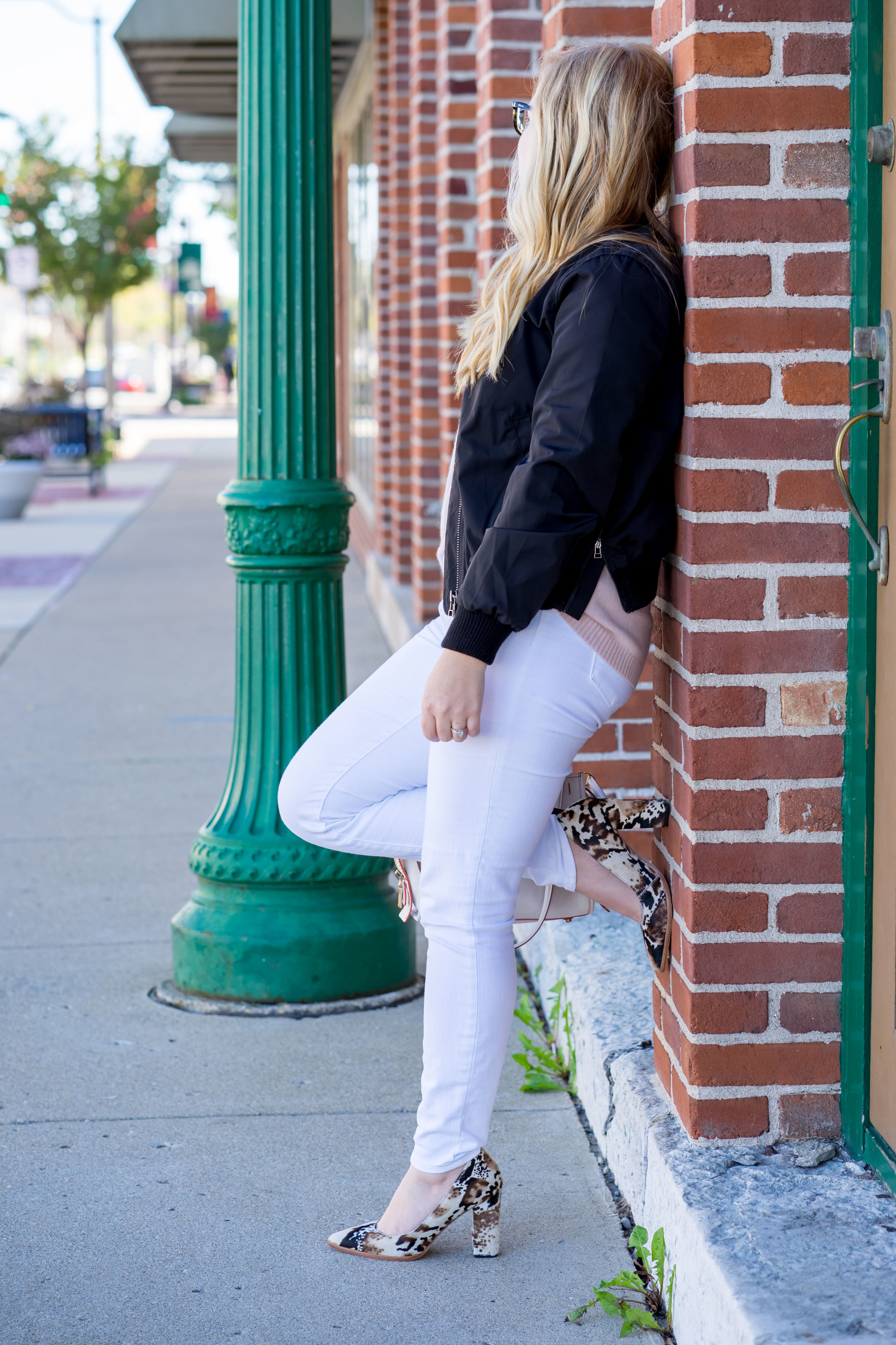 Maggie a la Mode - Madewell Side-Zip Bomber Jacket, Equipment Bryce Cashmere Sweater, J Brand High Rise Alana Crop White Jeans, Loeffler Randall Remy Phython Block Heels, Coach Rogue 25