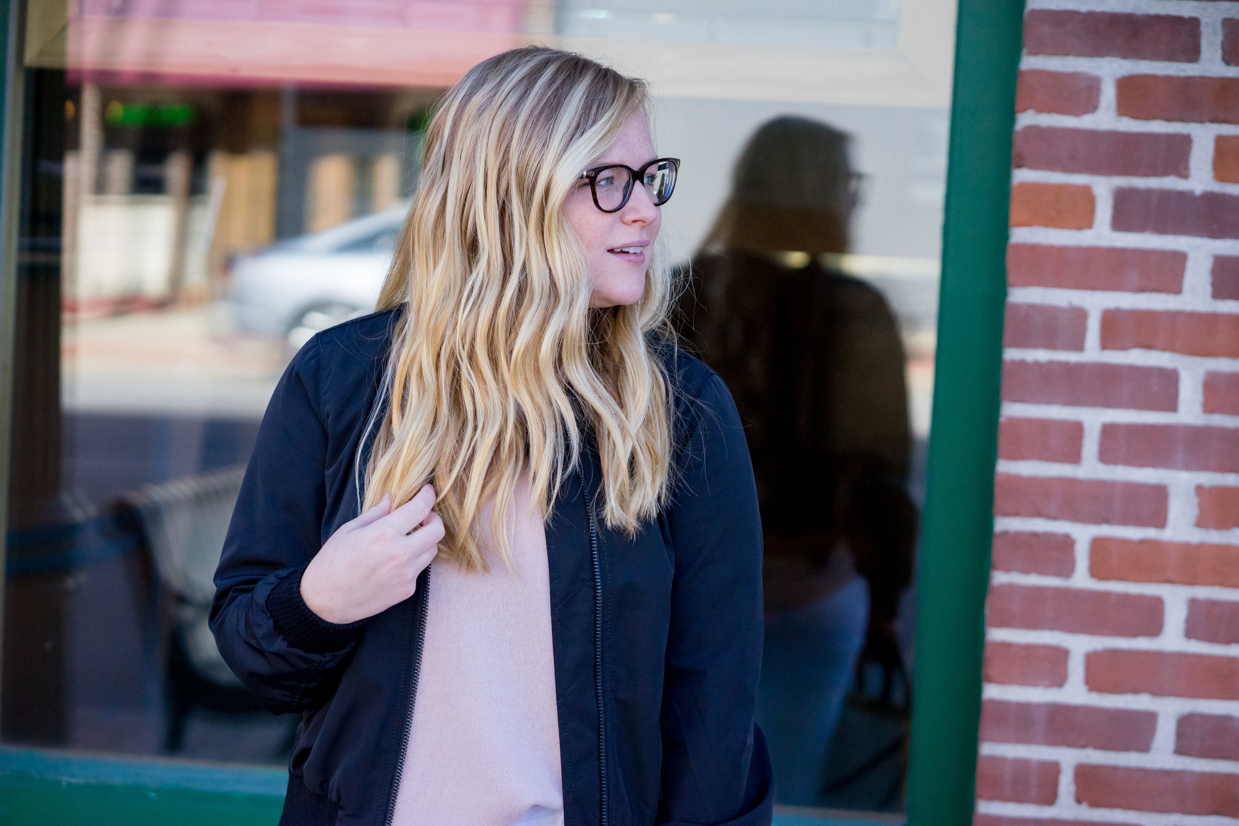 Maggie a la Mode - Madewell Side-Zip Bomber Jacket, Equipment Bryce Cashmere Sweater, J Brand High Rise Alana Crop White Jeans, Loeffler Randall Remy Phython Block Heels, Coach Rogue 25