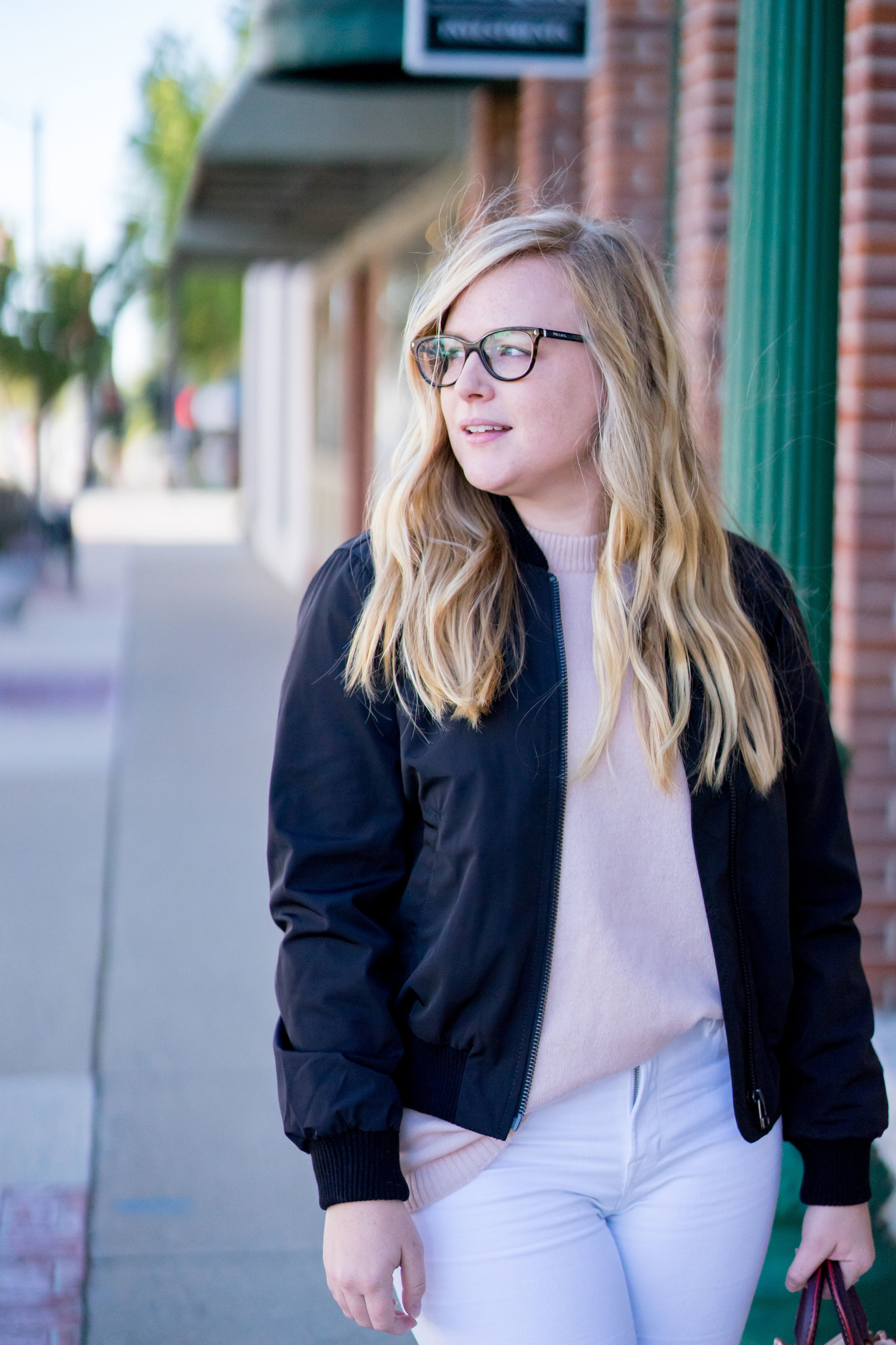 Maggie a la Mode - Madewell Side-Zip Bomber Jacket, Equipment Bryce Cashmere Sweater, J Brand High Rise Alana Crop White Jeans, Loeffler Randall Remy Phython Block Heels, Coach Rogue 25