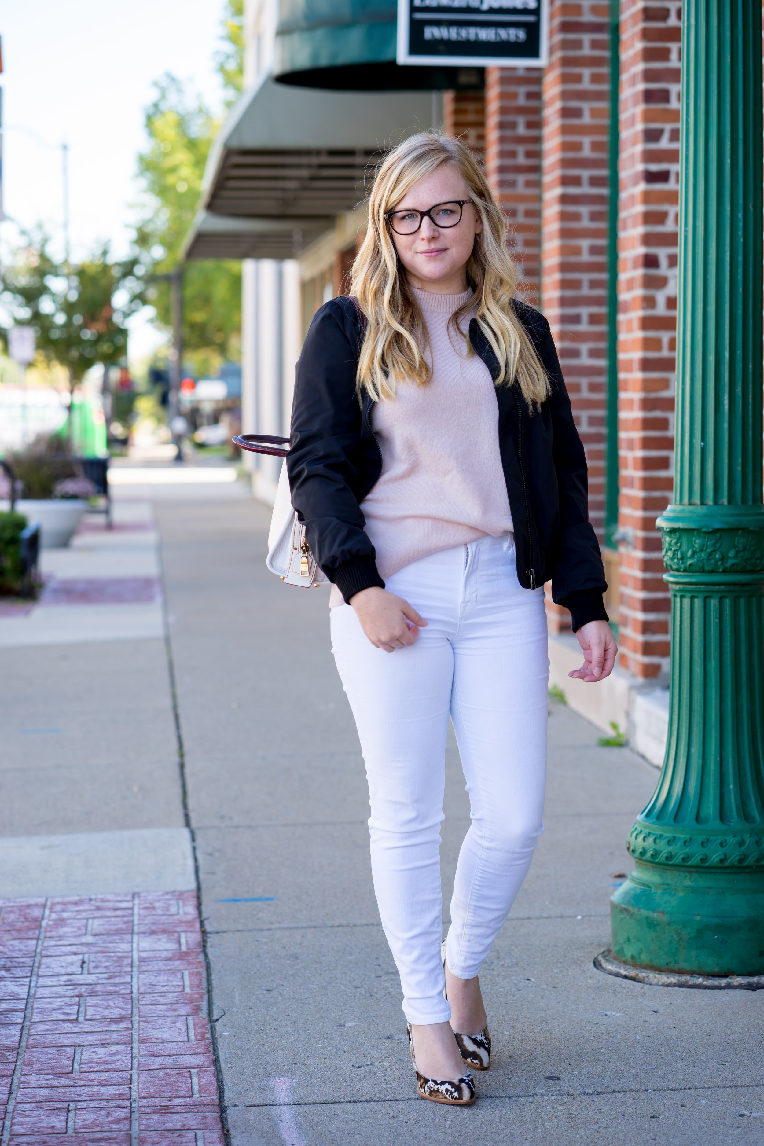 Maggie a la Mode - Madewell Side-Zip Bomber Jacket, Equipment Bryce Cashmere Sweater, J Brand High Rise Alana Crop White Jeans, Loeffler Randall Remy Phython Block Heels, Coach Rogue 25