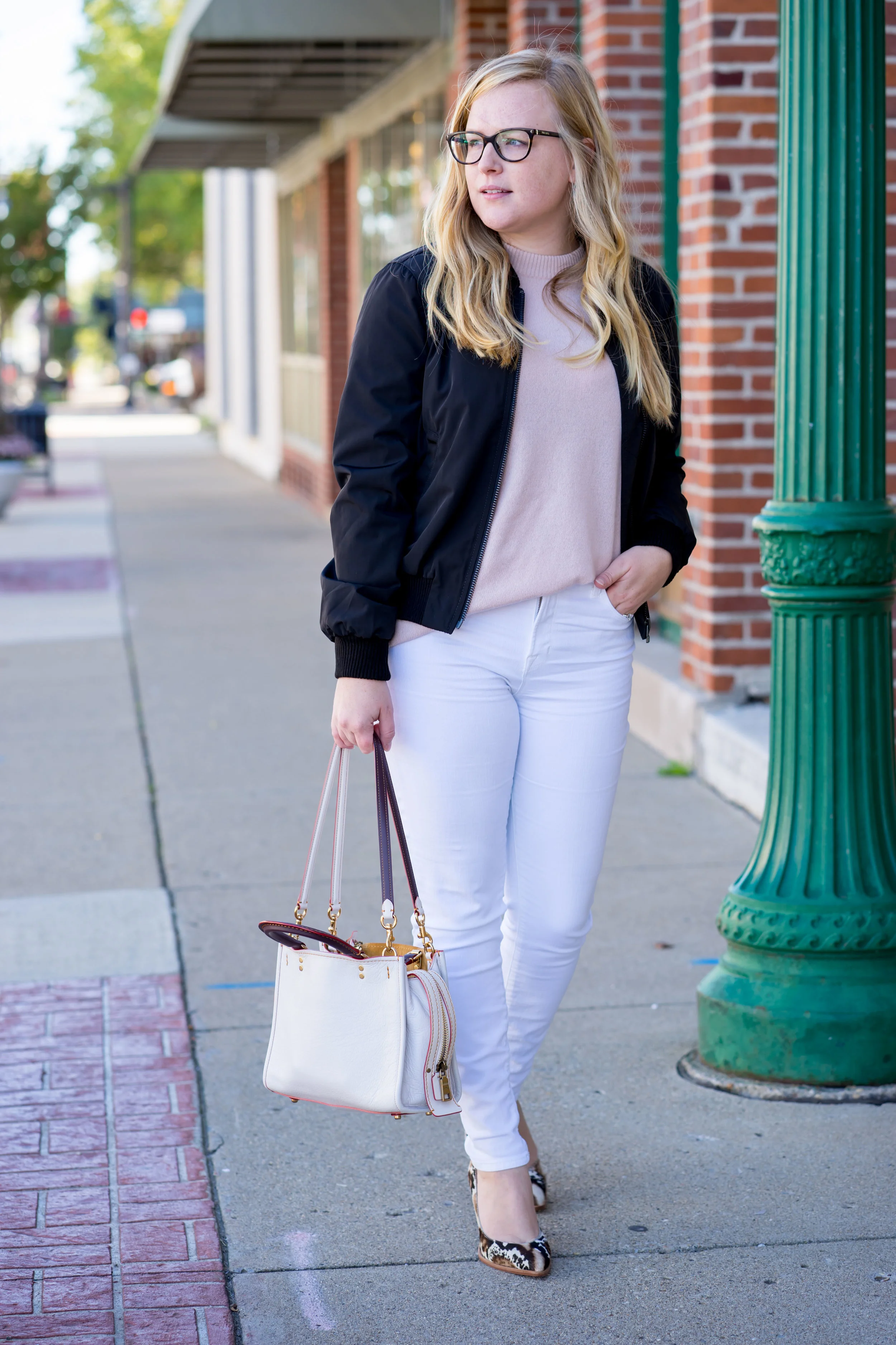 Maggie a la Mode - Madewell Side-Zip Bomber Jacket, Equipment Bryce Cashmere Sweater, J Brand High Rise Alana Crop White Jeans, Loeffler Randall Remy Phython Block Heels, Coach Rogue 25