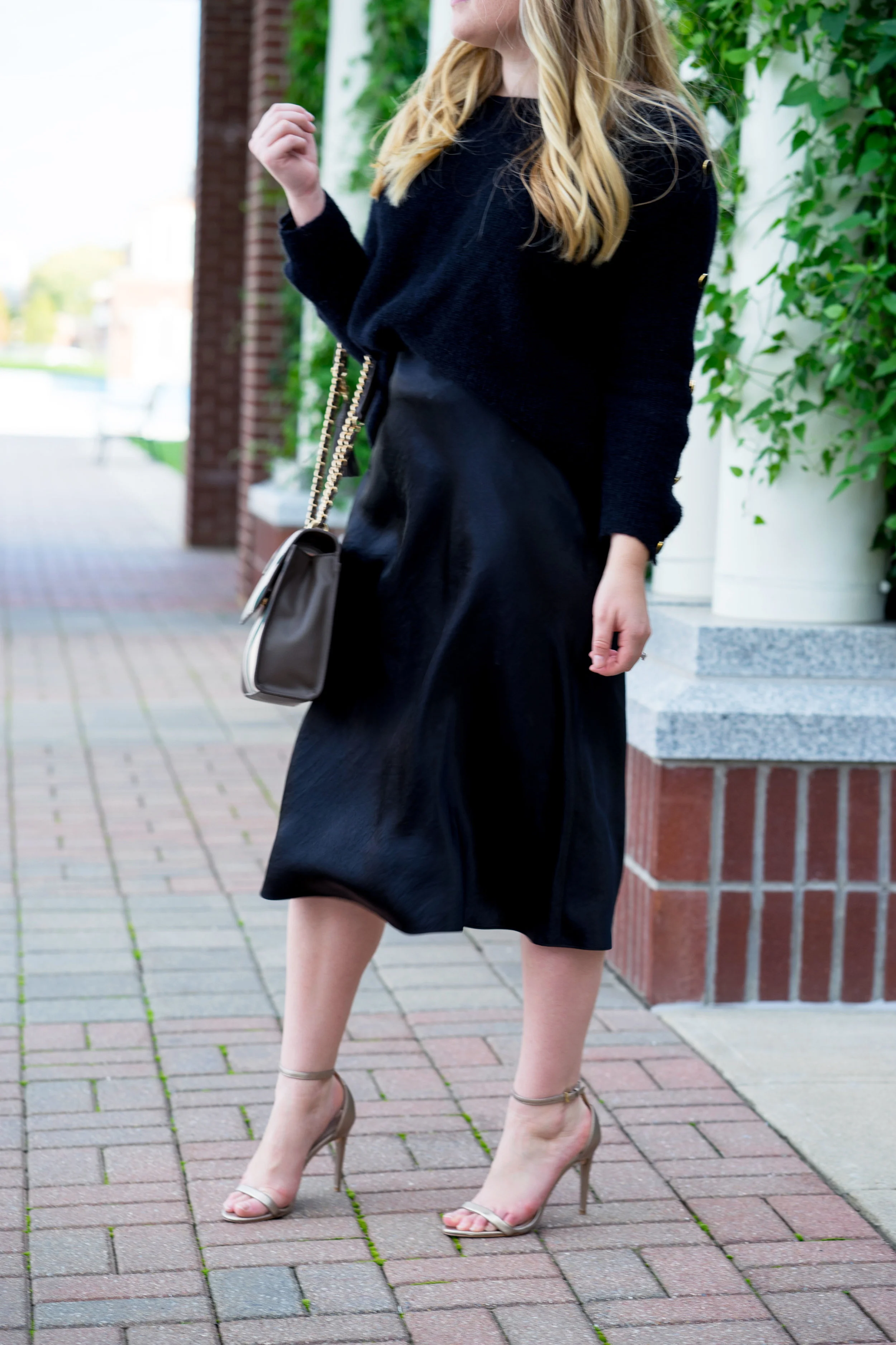 MAGGIE A LA MODE - VINCE SATIN SKIRT, SEZANE MARCEL JUMPER, TORY BURCH FLEMING STRIPE CONVERTIBLE SHOULDER BAG, RACHEL ZOE GOLD STRAPPY HEELS, WARBY PARKER ALDRIDGE SUNGLASSES