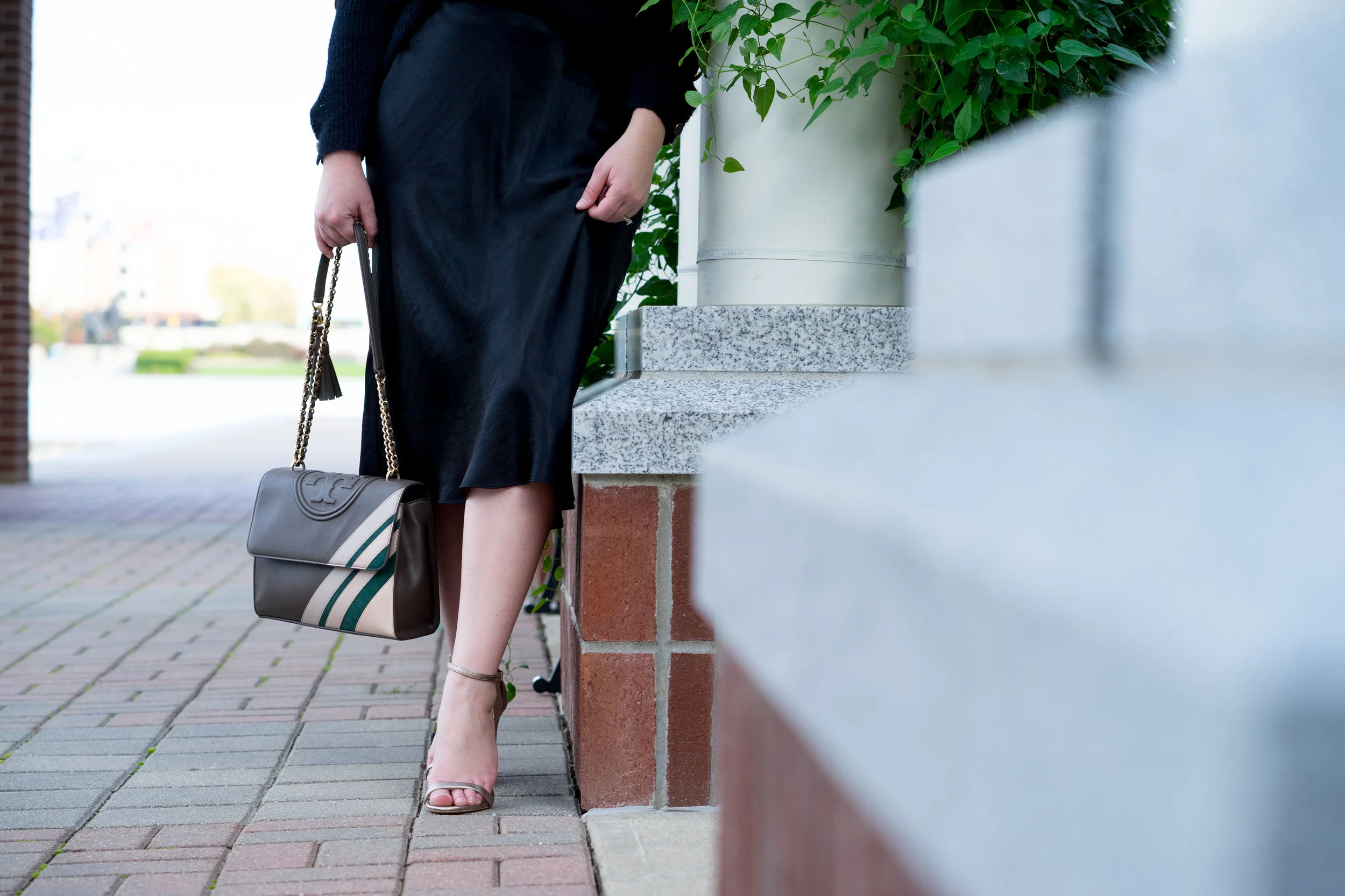MAGGIE A LA MODE - VINCE SATIN SKIRT, SEZANE MARCEL JUMPER, TORY BURCH FLEMING STRIPE CONVERTIBLE SHOULDER BAG, RACHEL ZOE GOLD STRAPPY HEELS, WARBY PARKER ALDRIDGE SUNGLASSES