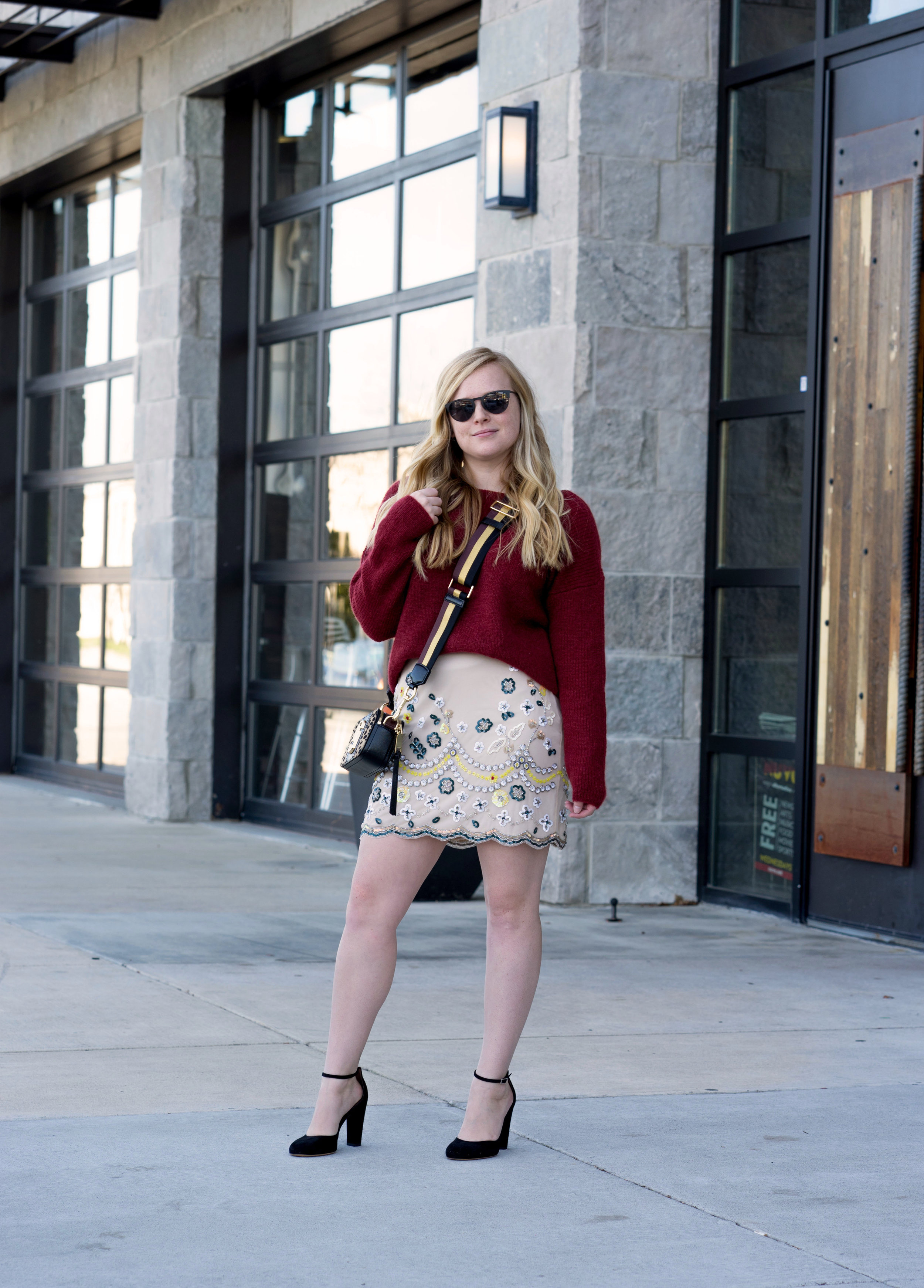 Maggie a la Mode - Club Monaco Monifa Embellished Sequin Skirt, Sezane Barry Jumper Sweater, Tabitha Simmons Petra heels, Marc Jacobs Snapshot Leopard Bag, Warby Parker Aldridge