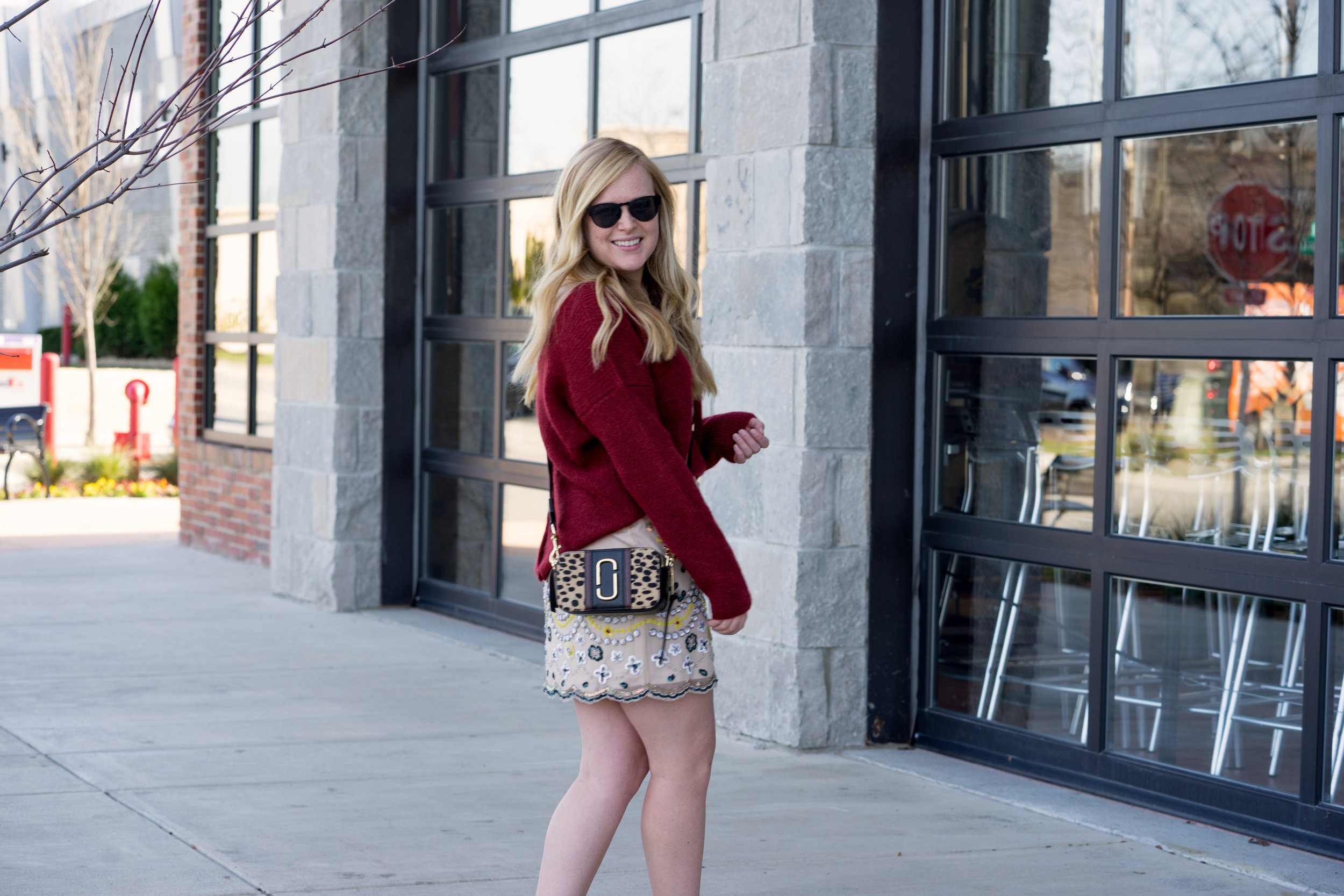 Maggie a la Mode - Club Monaco Monifa Embellished Sequin Skirt, Sezane Barry Jumper Sweater, Tabitha Simmons Petra heels, Marc Jacobs Snapshot Leopard Bag, Warby Parker Aldridge