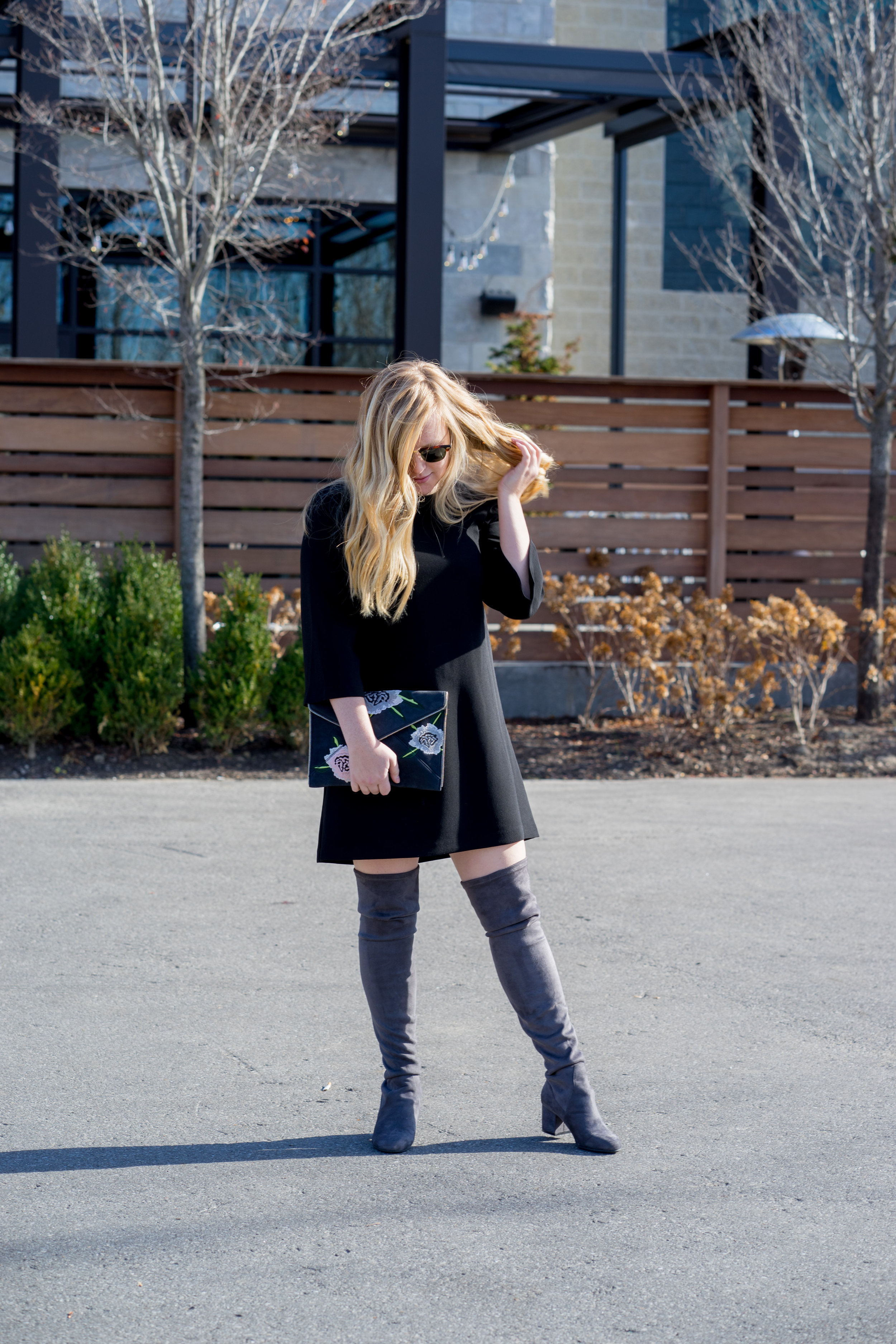 Maggie a la Mode - Steve Madden Isaac Over the Knee Boots, BCBGeneration Black Shift dress, Rebecca Minkoff Leo Nubuck Floral Clutch, Ray Ban Clubmaster sunglasses