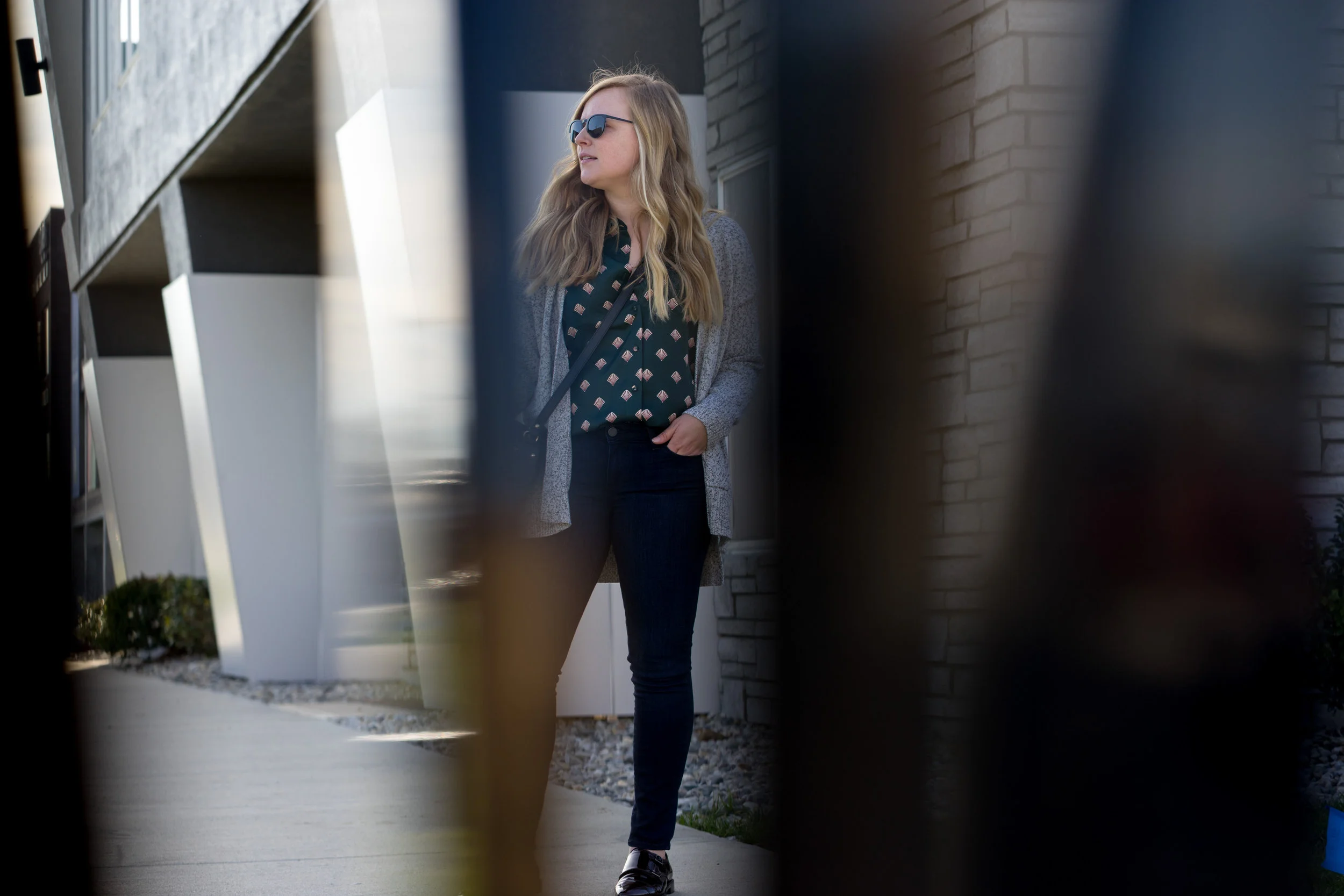Maggie a la Mode - L'Academie The Classic Shell Print Shirt, Madewell Midland Cardigan Sweater, Paige Verdugo Transcend Ankle Jeans Mae, APC Half Moon Bag, Aquatalia Harlow Monk Strap Loafers