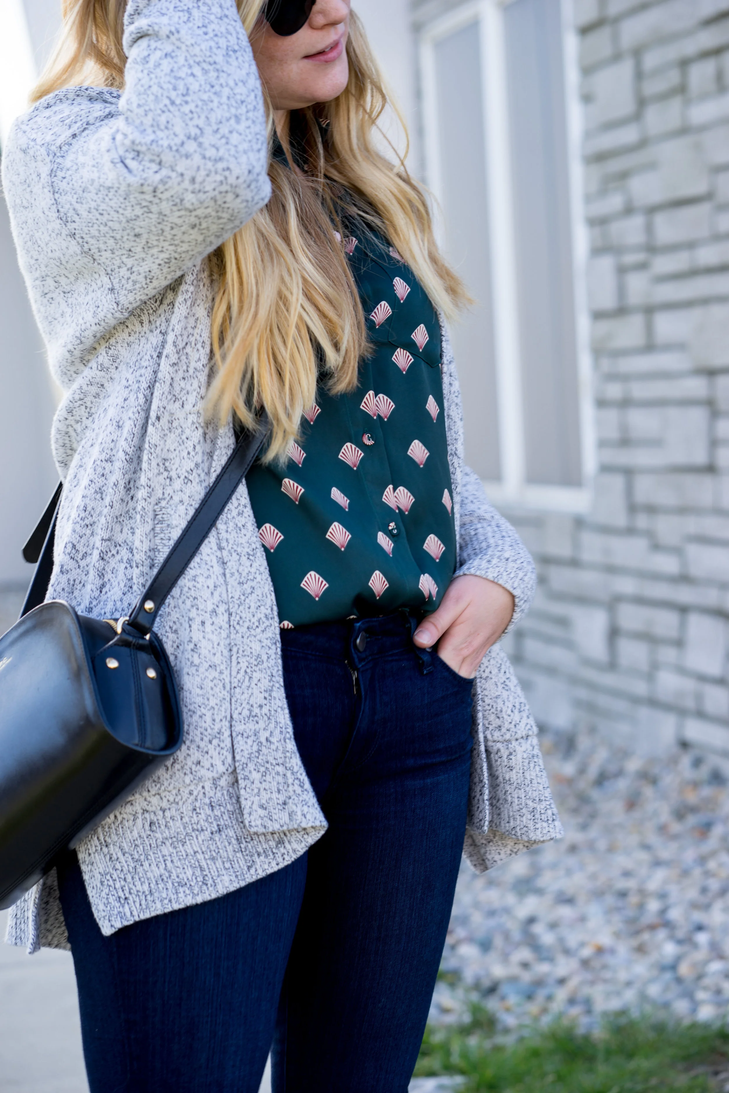 Maggie a la Mode - L'Academie The Classic Shell Print Shirt, Madewell Midland Cardigan Sweater, Paige Verdugo Transcend Ankle Jeans Mae, APC Half Moon Bag, Aquatalia Harlow Monk Strap Loafers
