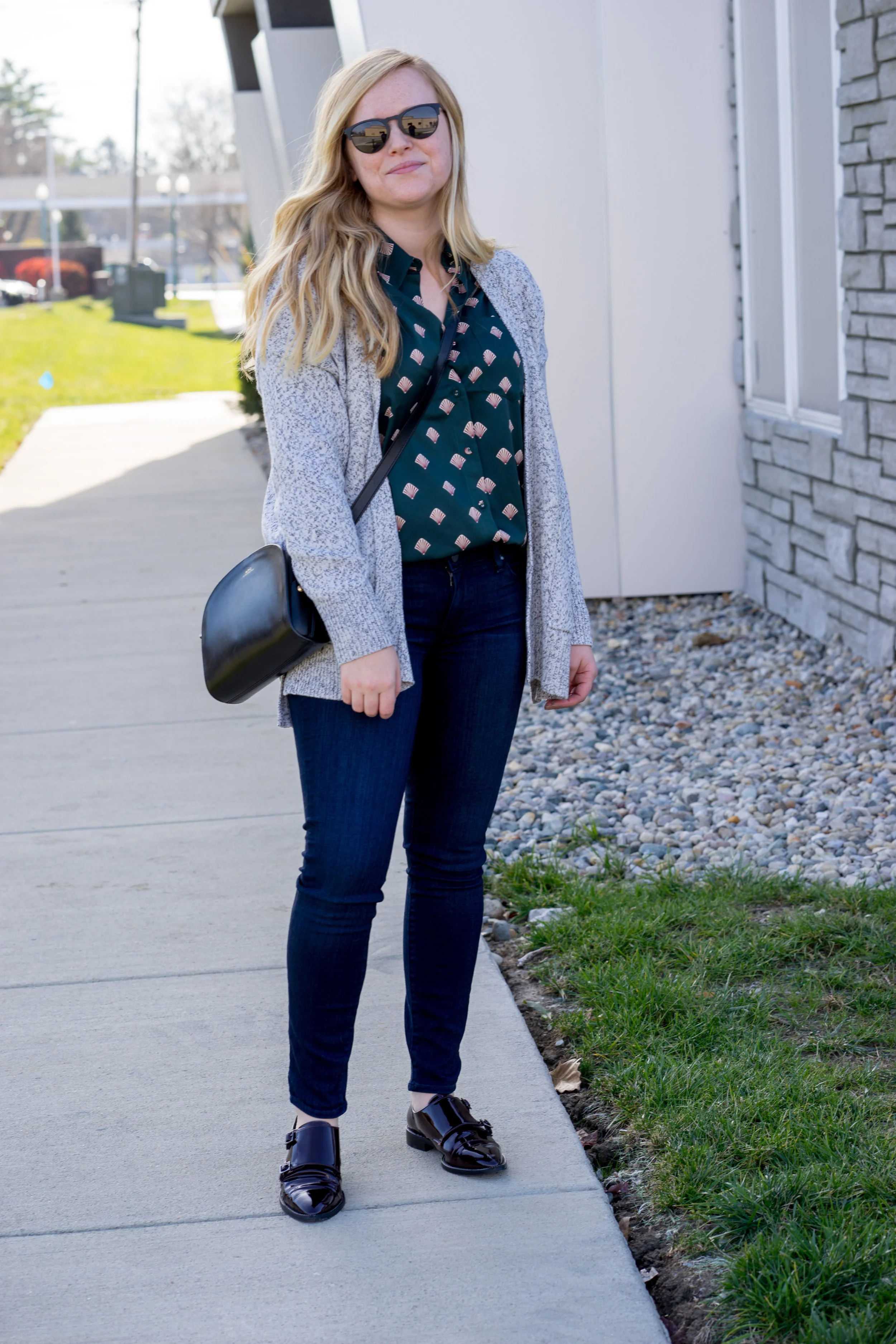 Maggie a la Mode - L'Academie The Classic Shell Print Shirt, Madewell Midland Cardigan Sweater, Paige Verdugo Transcend Ankle Jeans Mae, APC Half Moon Bag, Aquatalia Harlow Monk Strap Loafers