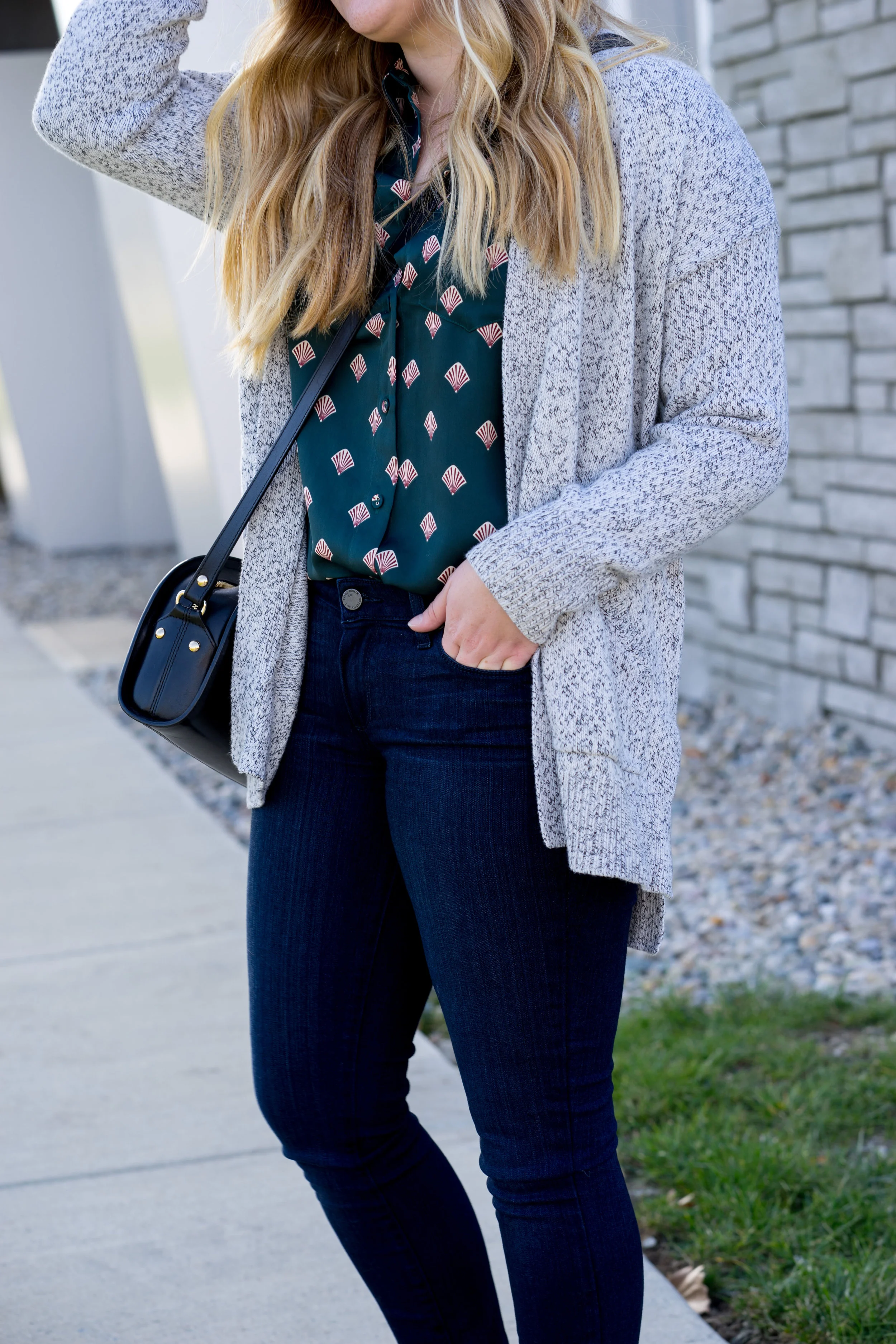 Maggie a la Mode - L'Academie The Classic Shell Print Shirt, Madewell Midland Cardigan Sweater, Paige Verdugo Transcend Ankle Jeans Mae, APC Half Moon Bag, Aquatalia Harlow Monk Strap Loafers
