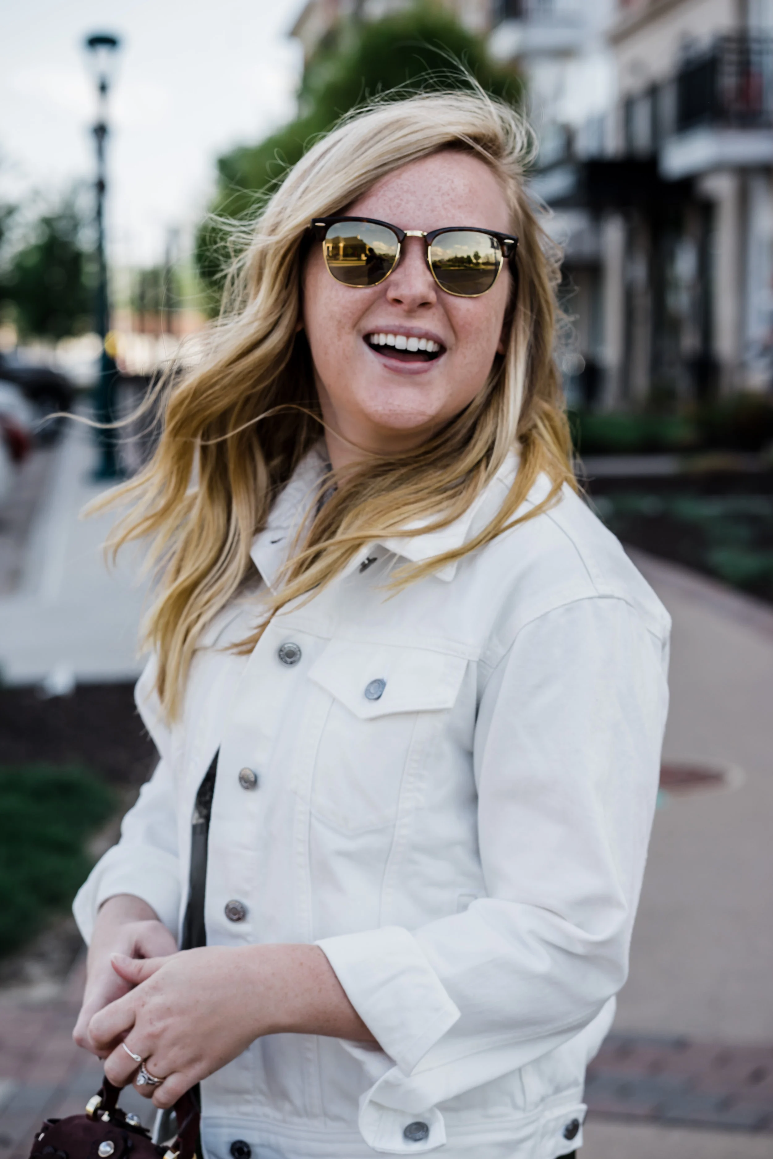 Maggie a la Mode - Everlane The Denim Jacket Review, Madewell Pocket Tee Sweater, Ann Taylor LOFT Fluid Pull on Skirt, ZAC Zac Posen Eartha Iconic Top Handle Mini Cordial Suede Crossbody Bag, Stuart Weitzman NearlyNude Sandals, Ray Ban Clubmaster Sunglasses