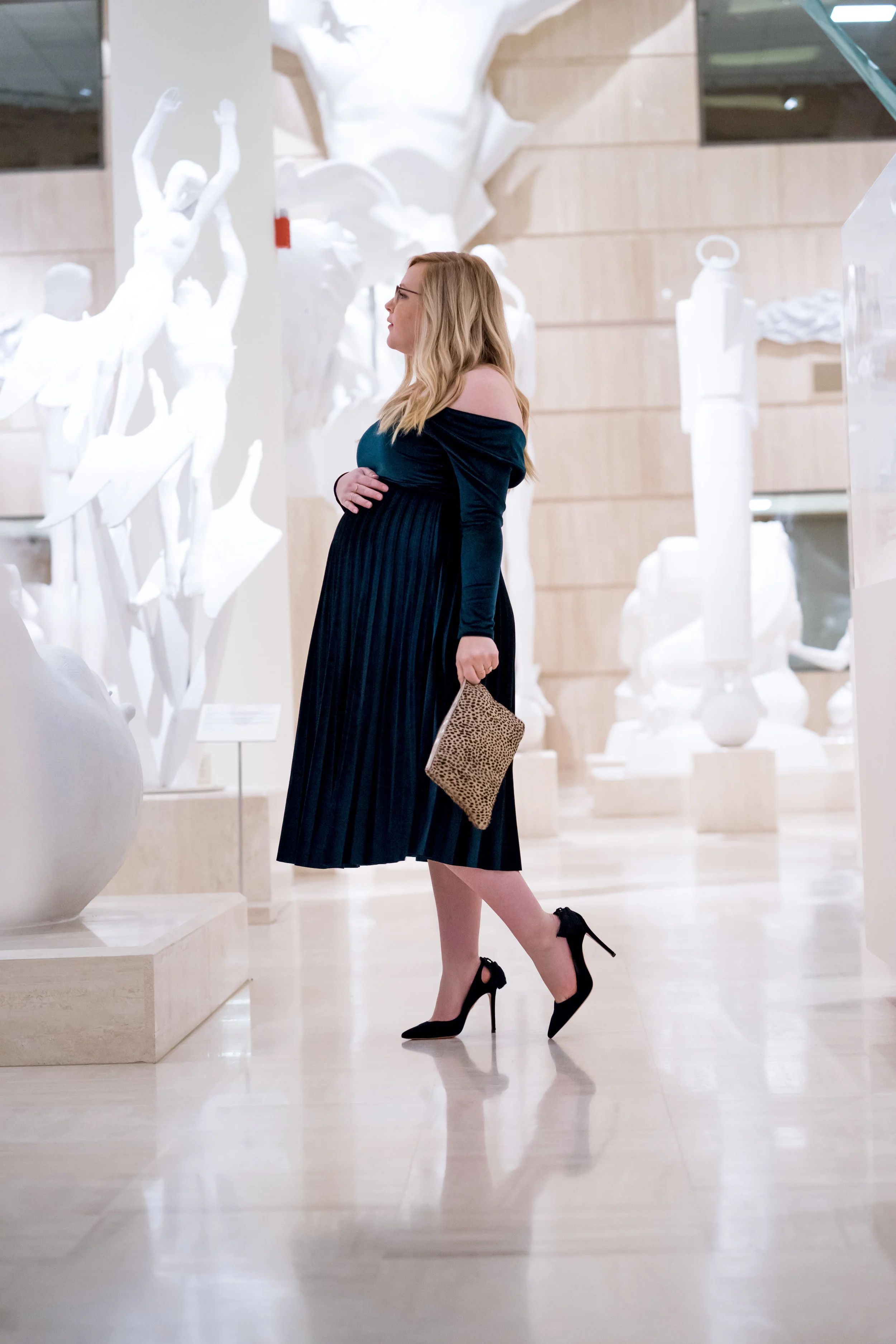 Maggie a la Mode - Holiday Dresses ASOS DESIGN Pleated Velvet Bardot Midi Dress Emerald SVSU Sculpture Gallery-8.jpg