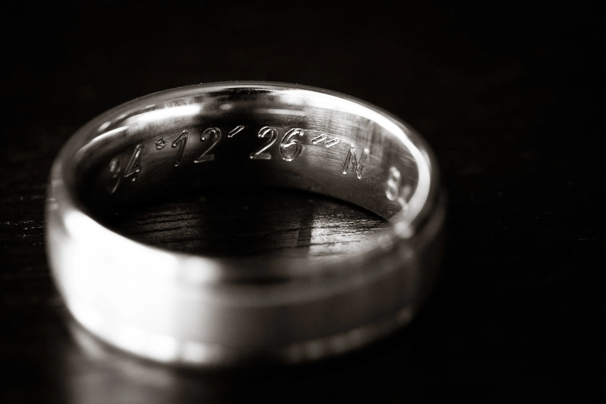 Wedding ring with coordinates inside, Downtown Greenville Wedding