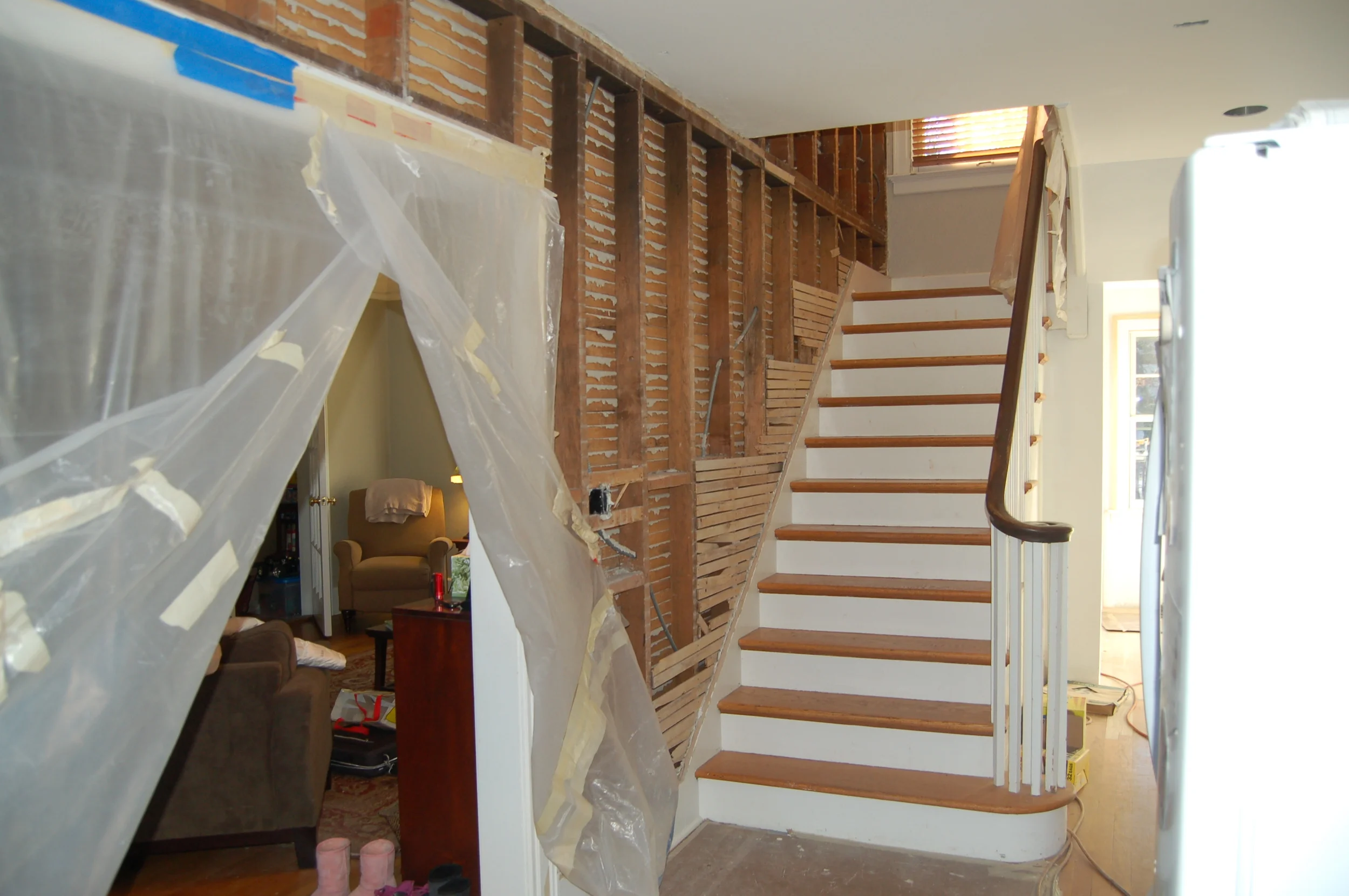  Before and after painted pictures of an expansion of ground floor and basement of this center hall colonial in Glen Ridge, New Jersey. Client asked for calming neutrals. I love Benjamin Moore  Revere Pewter  as a regal feel in grand hallways.  Color
