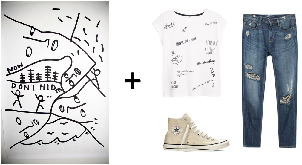 (Art via Vogue.com; Graphic tee: MANGO , Denim: ZARA , High-tops: Converse )