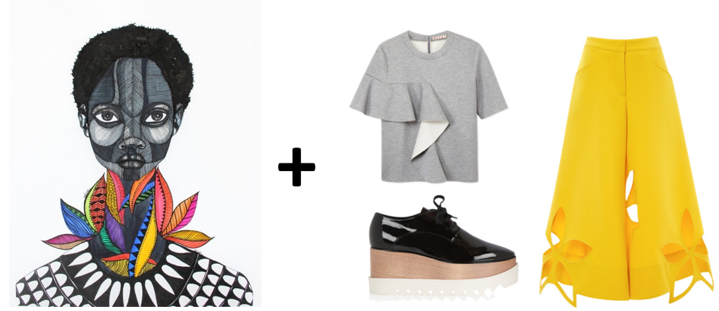 (Art via Brianna McCarthy ; Top: Marni , Pants: Rosie Assoulin , Platforms: Stella McCartney )