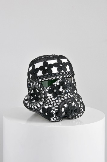 ‘Crochet Vader’ Acrylic capped ABS Stormtrooper helmet, Azores crocheted lace31 x 33 x 35 cm© Unidade Infinita Projectos.2013. Signed by Joana Vasconcelos and Andrew Ainsworth.