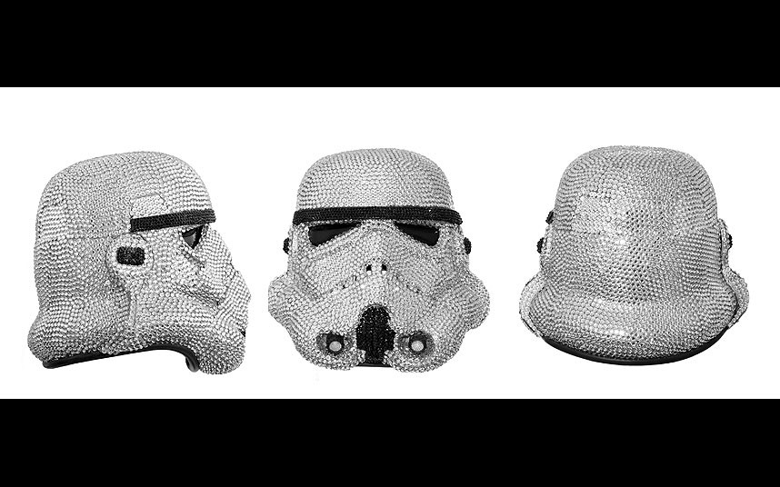 Ben Moore‘StormOffSki’Acrylic Capped ABS Storm Trooper helmet encrusted in 6000 Swarowksi Xilion Rose Crystals. Seated upon revolving turn table (1.5 revolutions per minute) Artist: Ben Moore