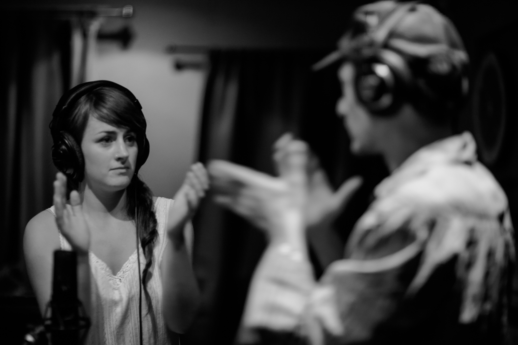 Putting on our serious face for recording hand-claps. (We cracked ourselves up so many times.)