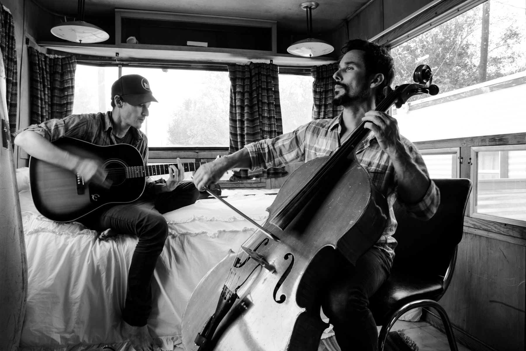 Rehearsing cello parts in the airstream with Joseph Santori.