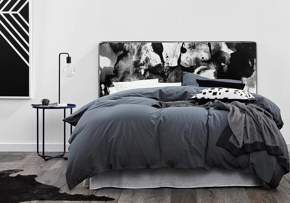 THE PERFECT STORM - A moody take on Mexsii favourite Icelandic Dream, The Perfect Storm , brews waves of slate grey and black to create this striking artwork. Silver metallic piping frames the piece and invites lighter tones to shine through. For a masculine edge, style with swathes of deep navy and charcoal greys. 