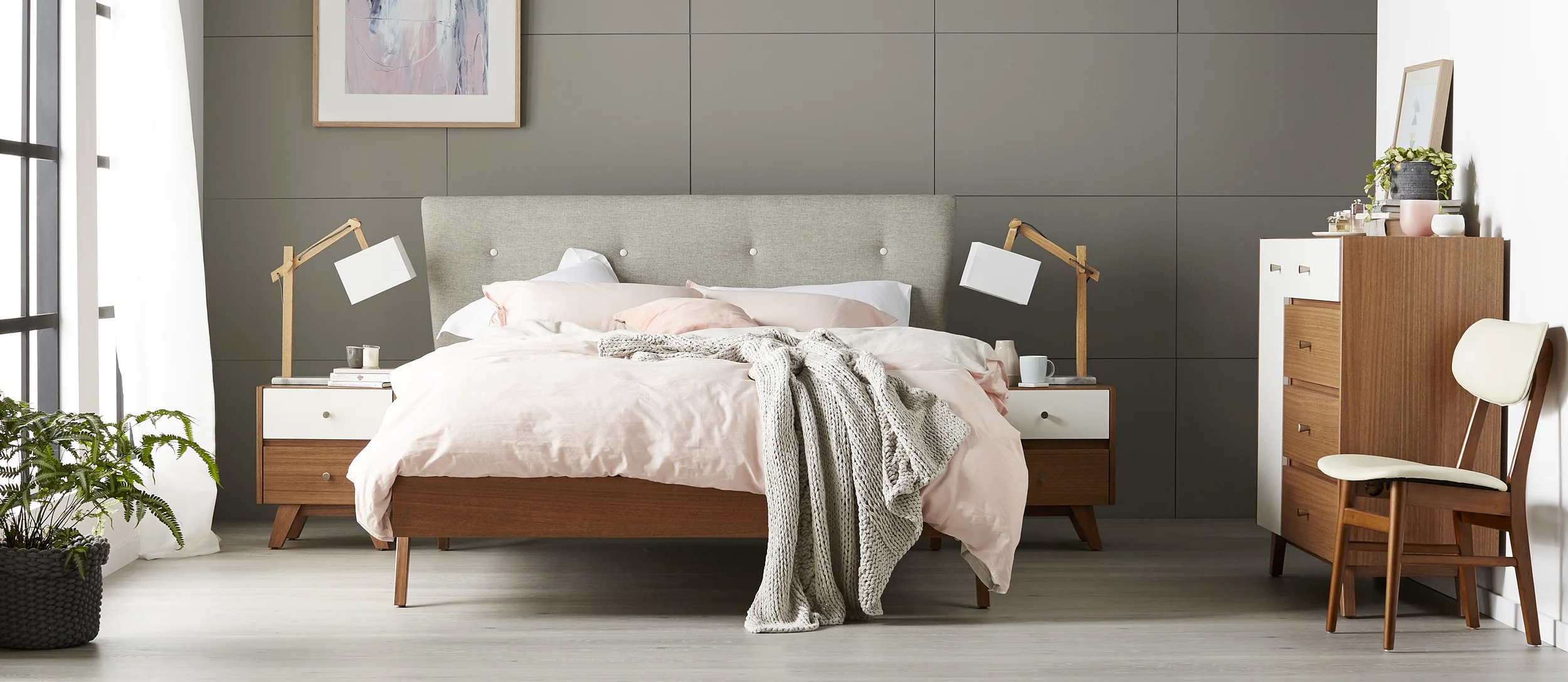 My favourite - The Apollo - The Scandinavian influence shines through with the chic Apollo suite. Combining Plantation Oak timber and quality Australian made Warwick fabric, the angled legs and sleek lines complement the striking upholstered bed head, which is smartly punctuated by white buttoning detail. Apollo Queen Bed: From RRP $1,599 Apollo 2 Drawer Bedside Tables: From RRP $699 Apollo 4 Drawer & Door Dresser: From RRP $1,599