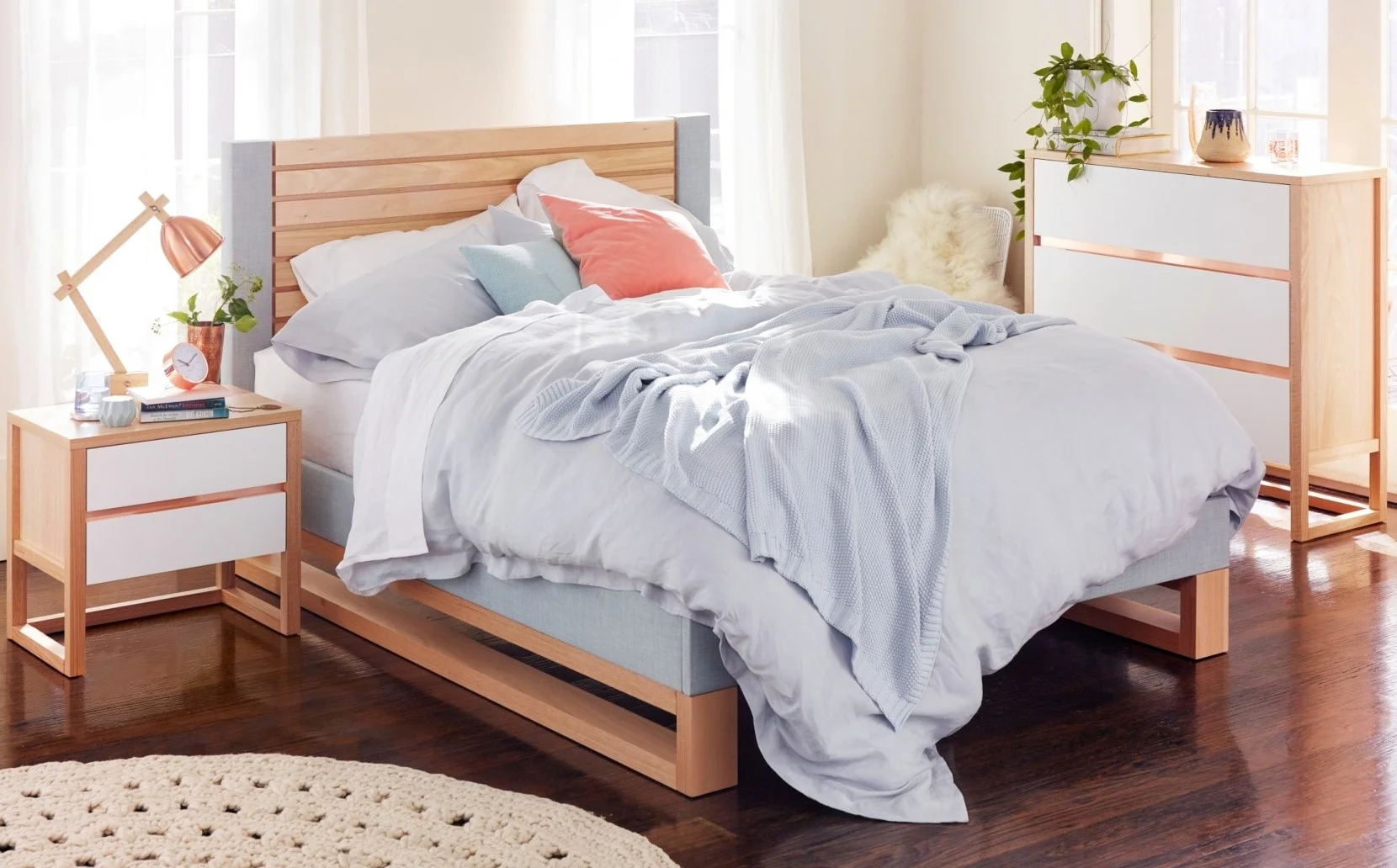 Asta by Alisa and Lysandra - Introducing Asta by Alisa and Lysandra. The Australian made, Scandinavian inspired bedroom suite combines the rawness of timber and the softness of fabric to create a contemporary and sophisticated look and feel. Shown with Powder Fabric – available with Navy, Natural and Ocean fabric. Asta Four Piece Queen Suite: From RRP $4,646 Asta Queen Bed: From RRP $1,999 Asta Bedside Tables: From RRP $699
