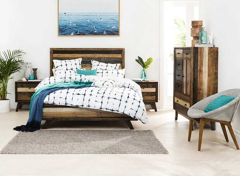 Constructed from recycled pine, the Crisp suite features multi-coloured stained treatments giving it a truly unique, one-of-a-kind look and feel. Crisp Queen Bed: From RRP $1,199 - Crisp Bedside Tables: From RRP $349 each - Crisp Tallboy: From RRP $1199
