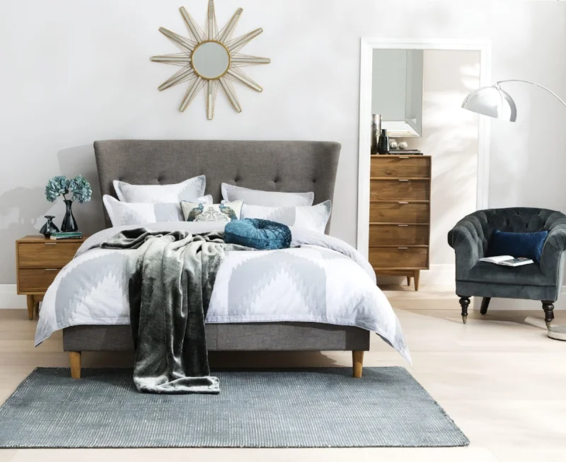 Representing classic design at its best, the Cino is beautifully tailored with a curved wing detail feature and button detail tracing the bed head arc. The Cino bedside tables and tallboy complement this feature masterpiece perfectly, with solid tea…