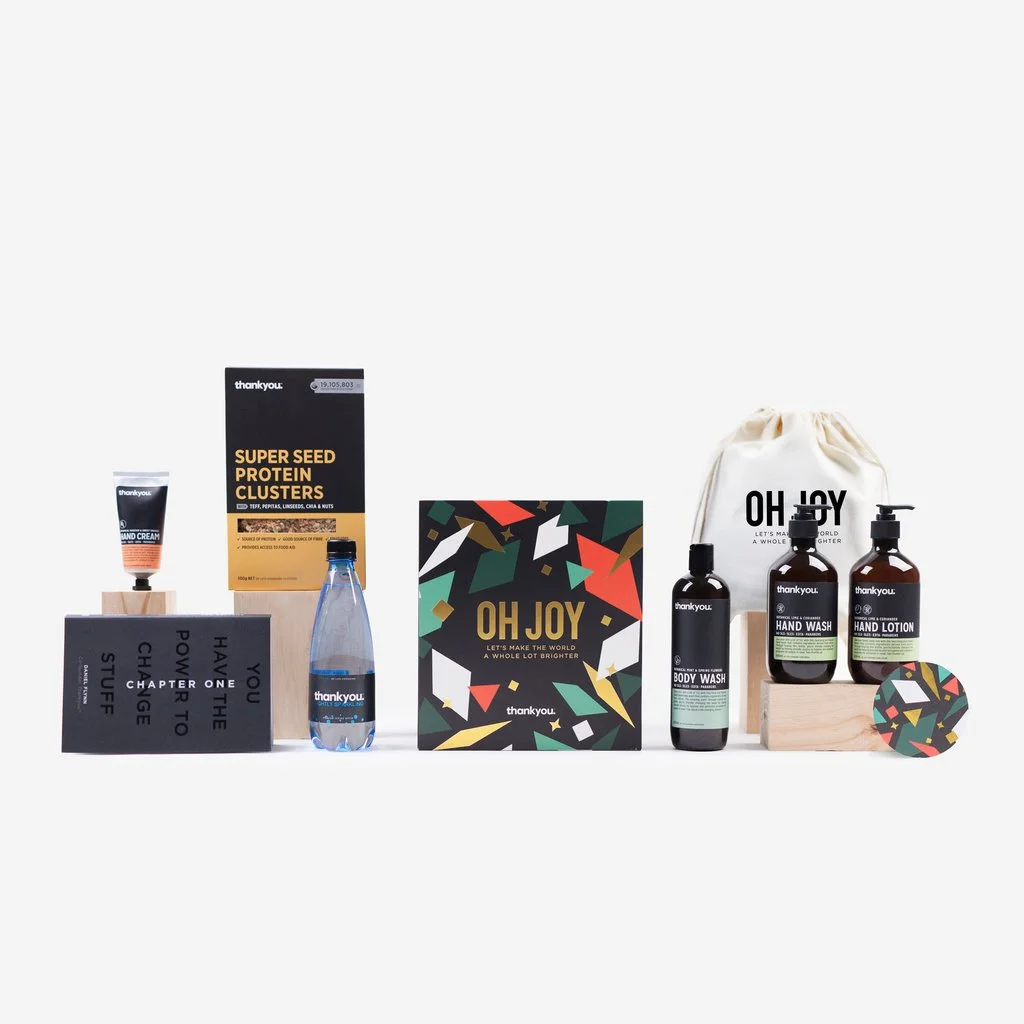 "OH JOY" - THE COLLECTION $80 This life-changing Christmas gift set includes: "Chapter One" - best selling book by Daniel Flynn 1 x Botanical Lime & Coriander Hand Wash (500ml) 1 x Botanical Lime & Coriander Hand Lotion (500ml) 1 x Botanical Rosehip & Sweet Orange Hand Cream (70ml) 1 x Mint & Spring Flowers Body Wash (500ml) 1 x Super Seed Protein Clusters (500g) 1 x Lightly Sparkling water (500ml) 1 x Limited Edition "Oh Joy" Calico Bag