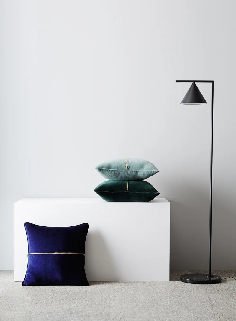 Elwyn Series - The Elwyn cushion series is plush, soft and luxurious. Featuring exposed brass zip detail in deep winter hues.