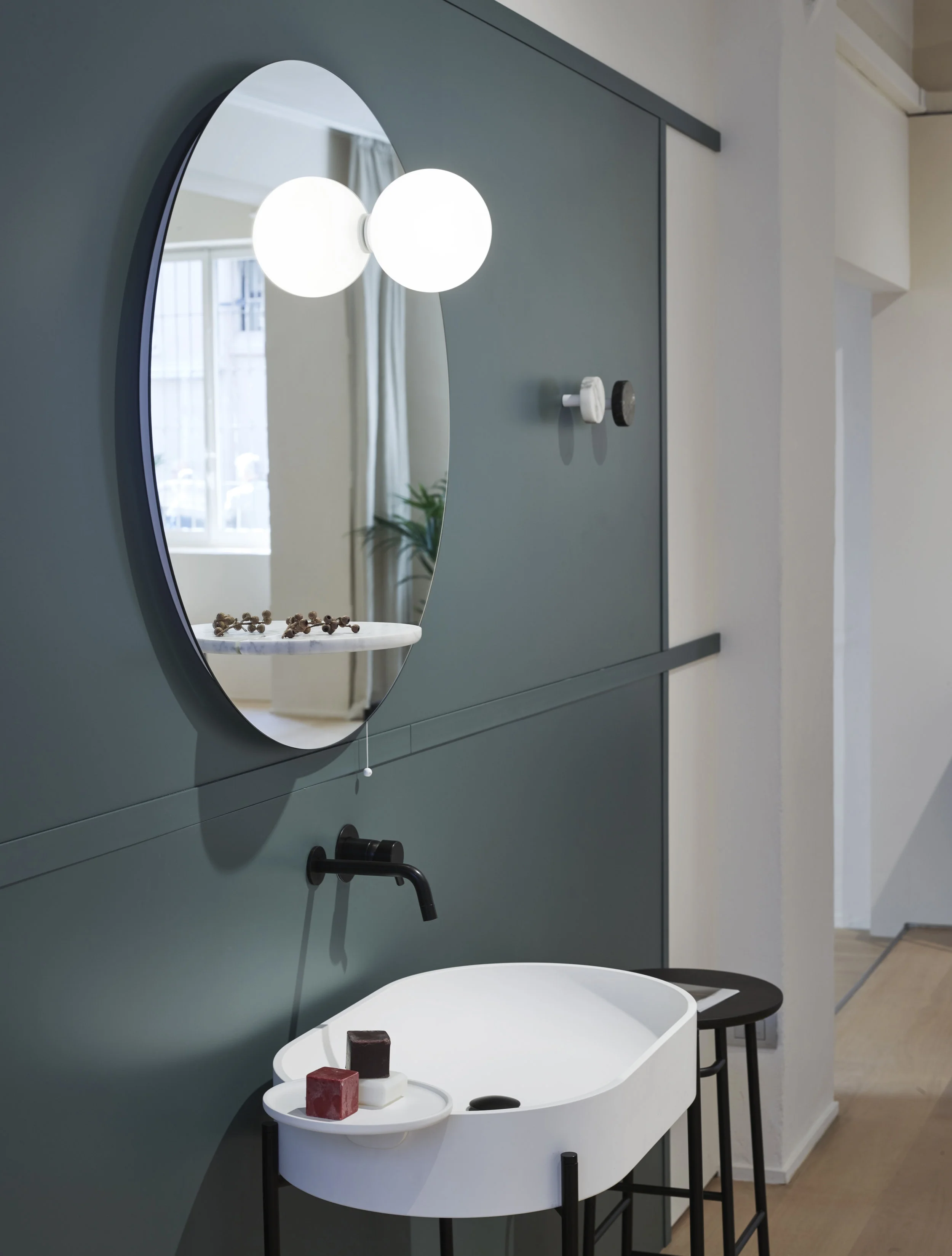 Float & Gravity - The very first collaboration for Ex.t with London based designer Samuel Wilkinson, is unveiling a line of bathroom mirrors inspired by universal space and the force of gravity. Like two planets in Space an opal glass sphere is buoyant along a semicircular marble shelf over the Float mirror whilst the framed double mirrors of Gravity attract each other thanks to a fascinating game of magnifying forces. The designs feature a sophisticated simplicity which makes the mirrors versatile & unique accessories for the bathroom and beyond.