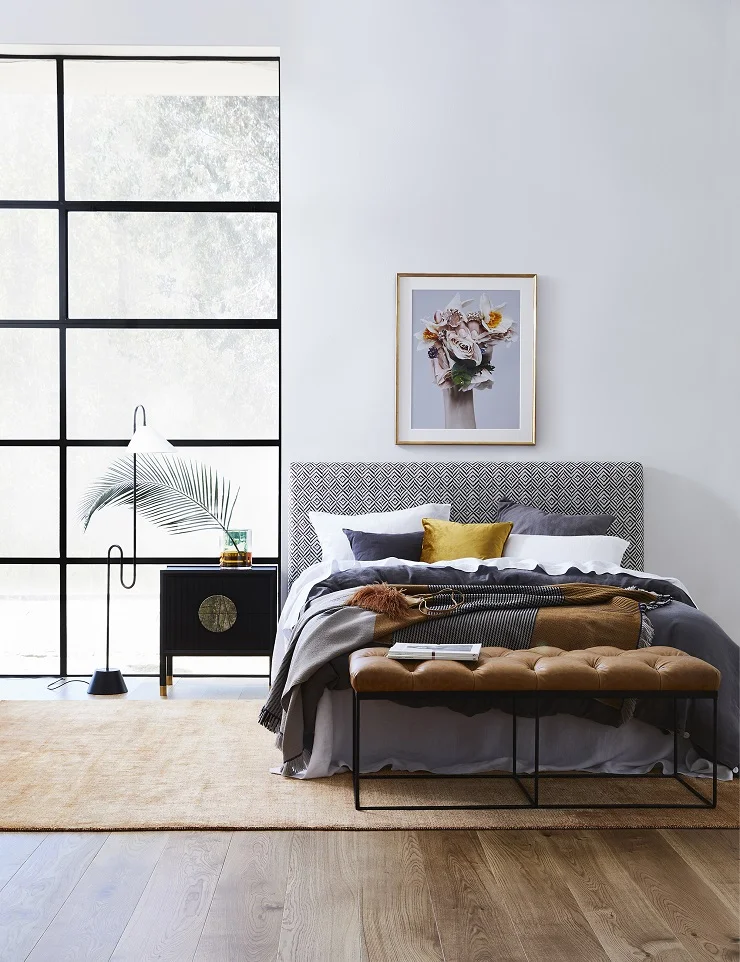 Pairing a king bedhead with a queen base adds extra dimension, while the classic shape of this enduring favourite allows the fabric to act as its stand-out feature. Perfectly showcasing this deliberate designer element is the monochrome patterned Monarch fabric which creates a sleek look with a hint of modern masculinity. This elegant geometric weave is the perfect fabric to pair with the new Tate footstool. Portobello bedhead : $1350