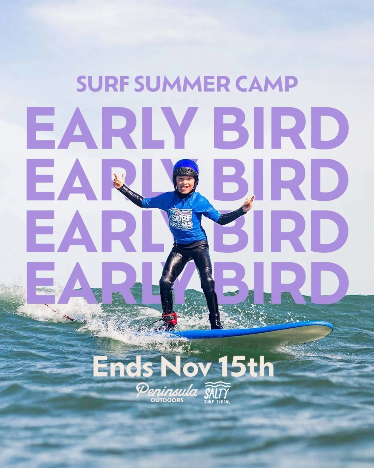 ⏰ Early bird ends soon!!

Holiday Surf Camp (in collaboration with @peninsula_outdoors) 🌞 registration is officially open, and the early bird deal is a wave you don&rsquo;t want to miss 🌊.

Spots fill up fast, so book your kid&rsquo;s spot before N