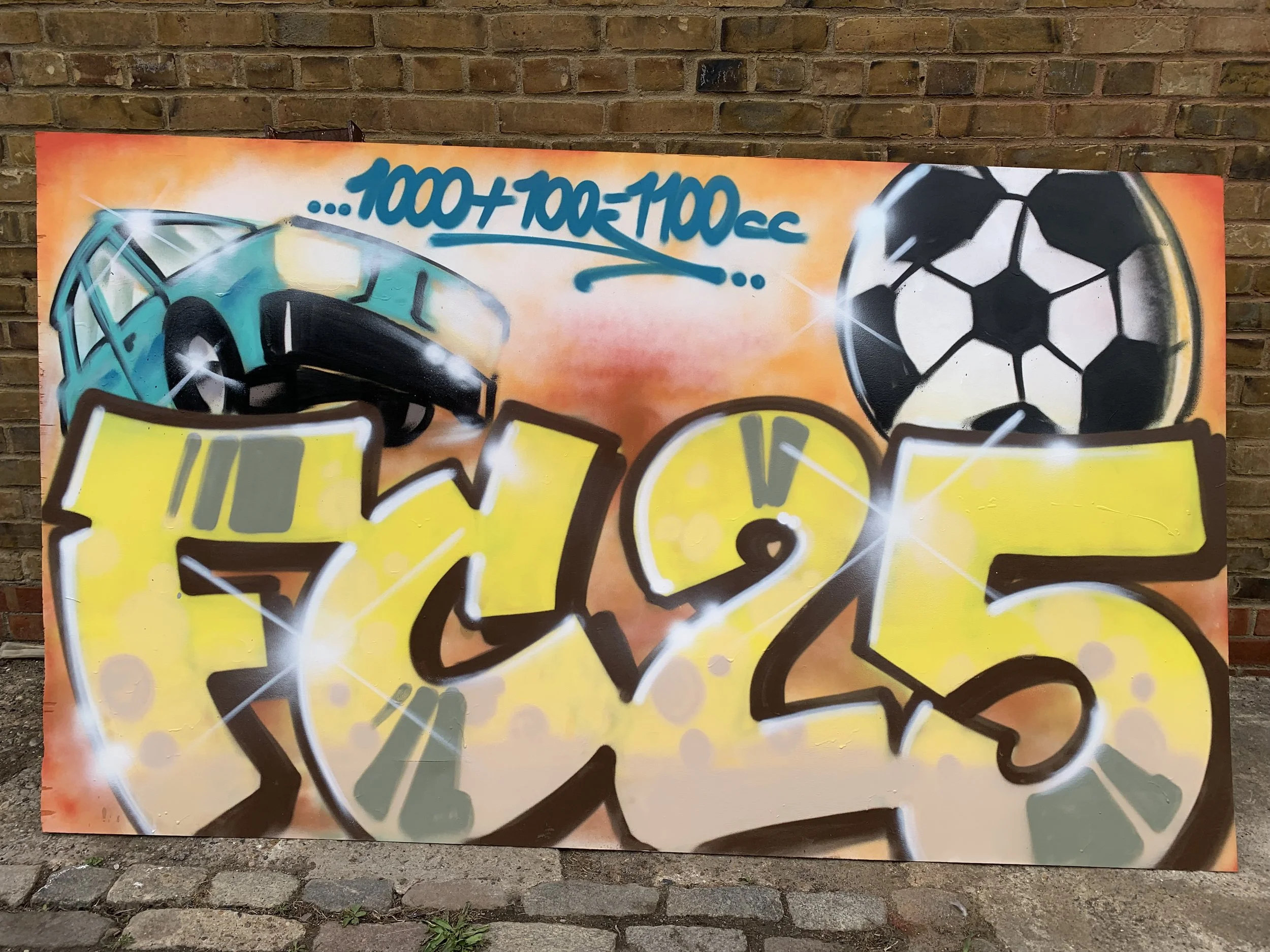   “FC 25”   One of four large boards painted with young people at New Addington Youth Centre.  New Addington, Croydon July 2025.  