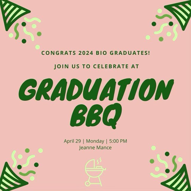 ⚠️ATTENTION BIO GRADS⚠️
CONGRATS!! Graduating from the Harvard of the north is not for the weak and we are so proud of you🫶🏻🎓. To celebrate join us for a send-off BBQ at Jeanne Mance Park&nbsp;on Monday, April 29th, at 5 PM!
&nbsp;
We&rsquo;ll be 