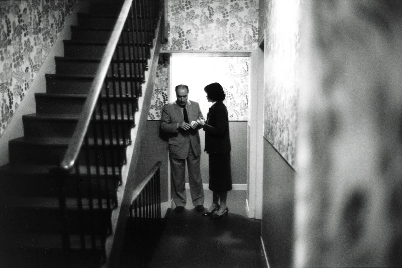 Meeting wife Danielle for the first time after election results at the Chateau Chinon hotel.