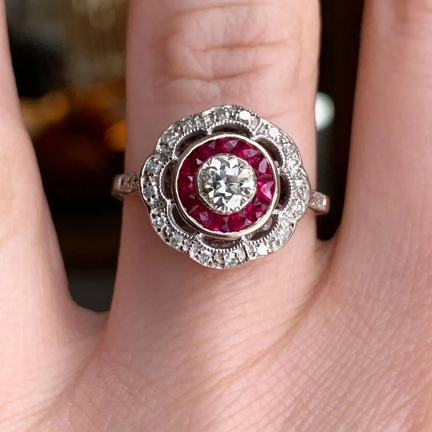 Estate 14k White Gold Art Deco Style Diamond &amp; Ruby Double Halo Ring w/ One 0.35ct Old European Cut Diamond (J, SI1) 

DM to inquire 

800-02802